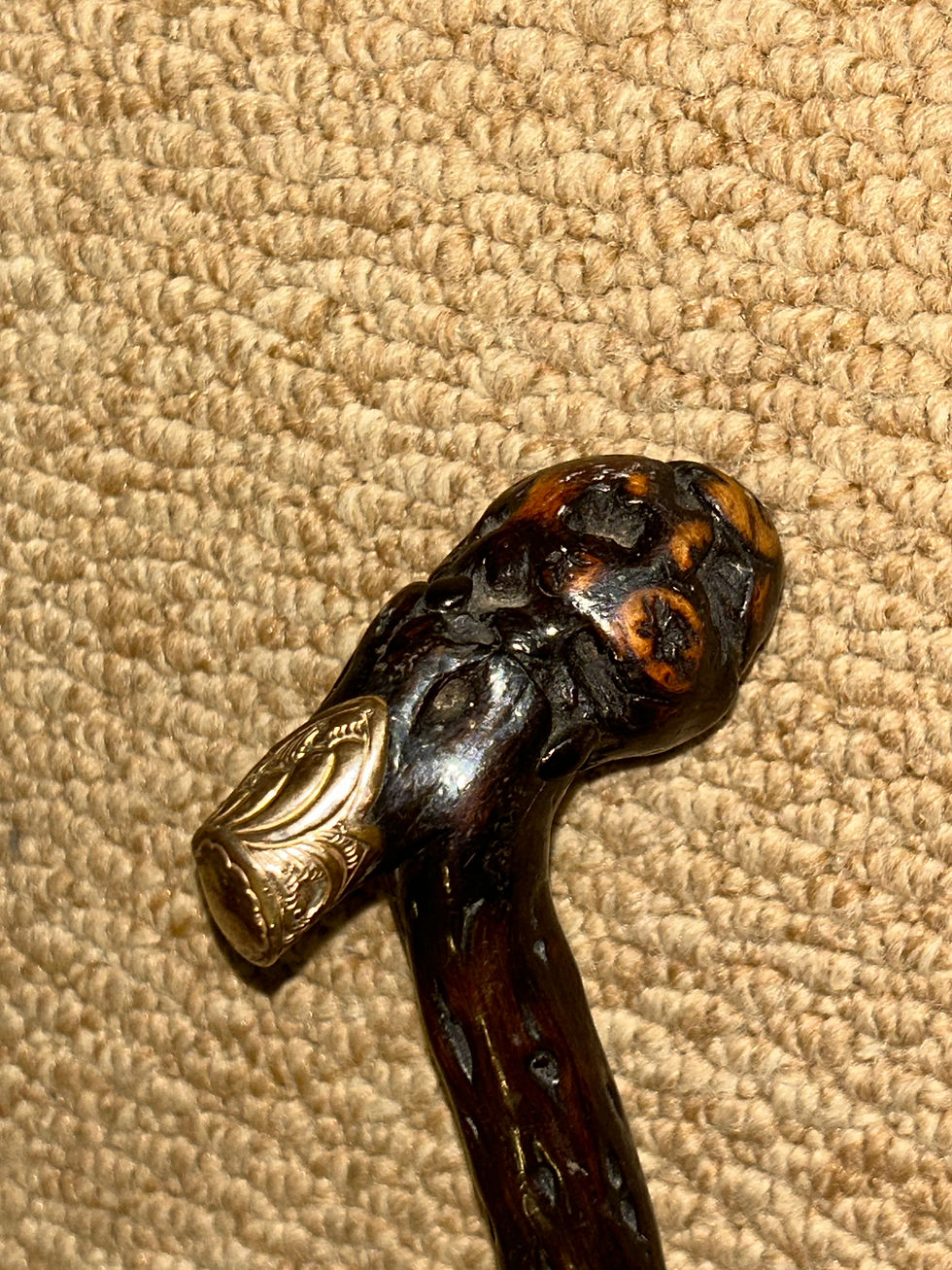 Thumbnail: Antique Walking Cane - Bramble Root Ball Handle & Repousse Gold Collar & End