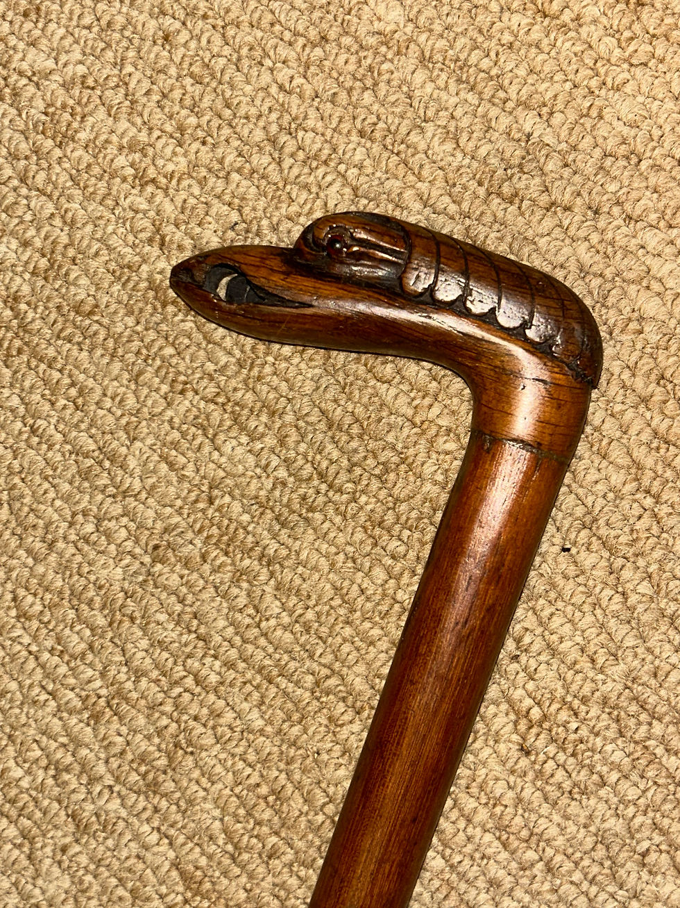 Thumbnail: Antique Walking Stick Cane - Hand-Carved Bird Head Top & Ball Rattle Beak
