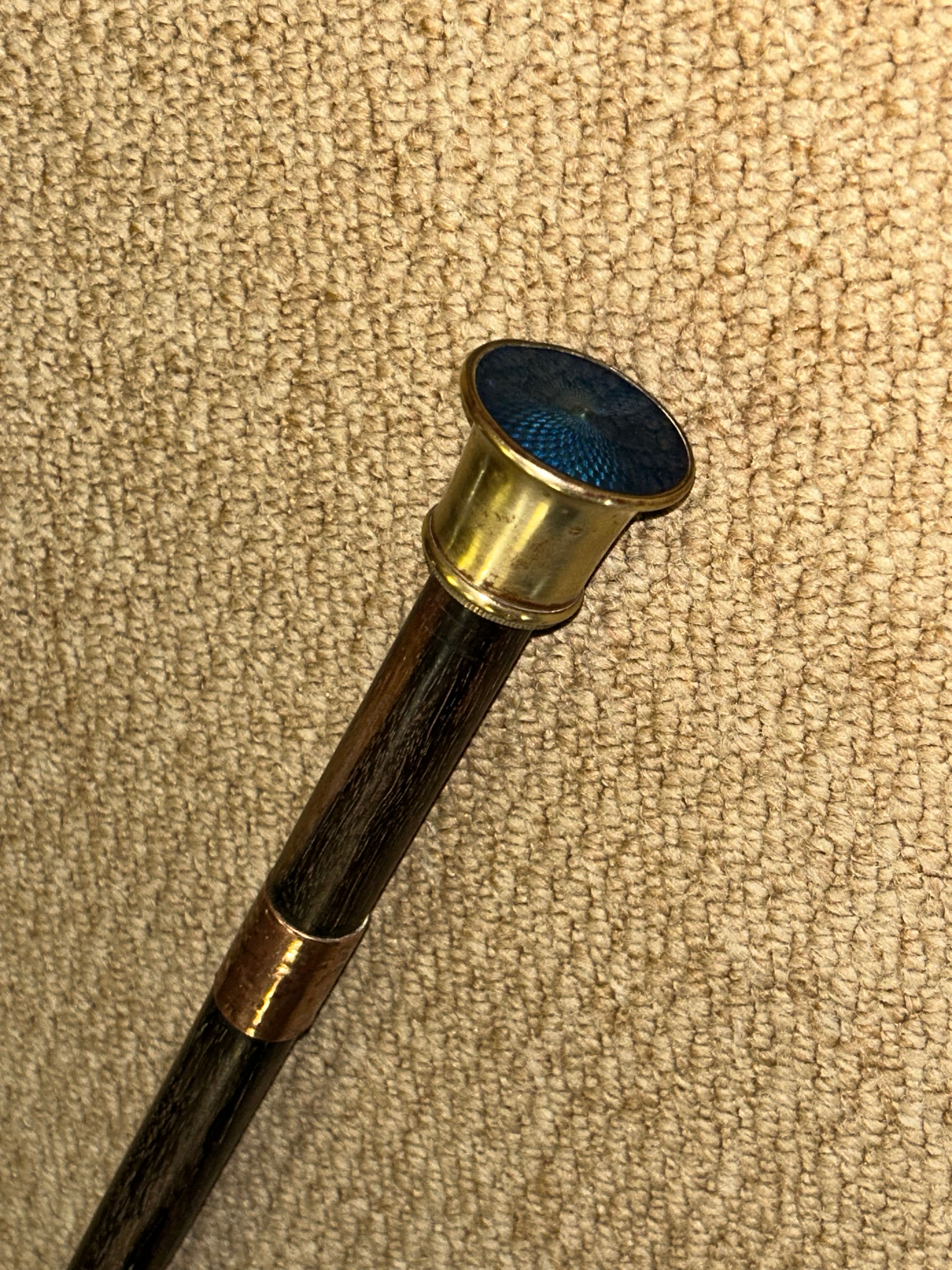 Antique Salisbury Ebony Walking Stick Cane - Blue Guilloche Enamel Brass Top