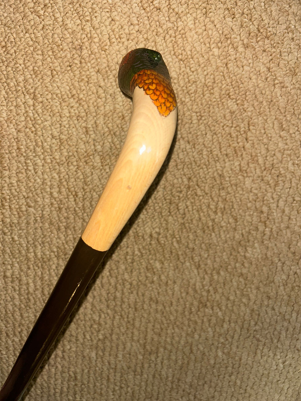 Thumbnail: Vintage Rustic Walking Stick - Hand Sculpted & Painted Pheasant Fritz Handle