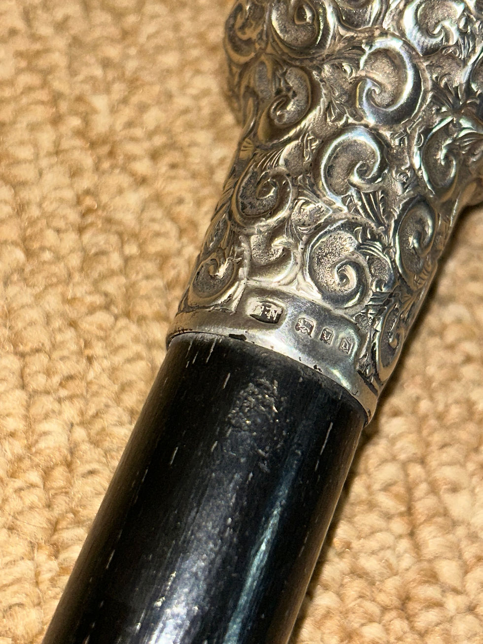 Thumbnail: Antique Ebonised Walking Stick Cane - Hallmarked 1919 Silver Repousse Pommel Top