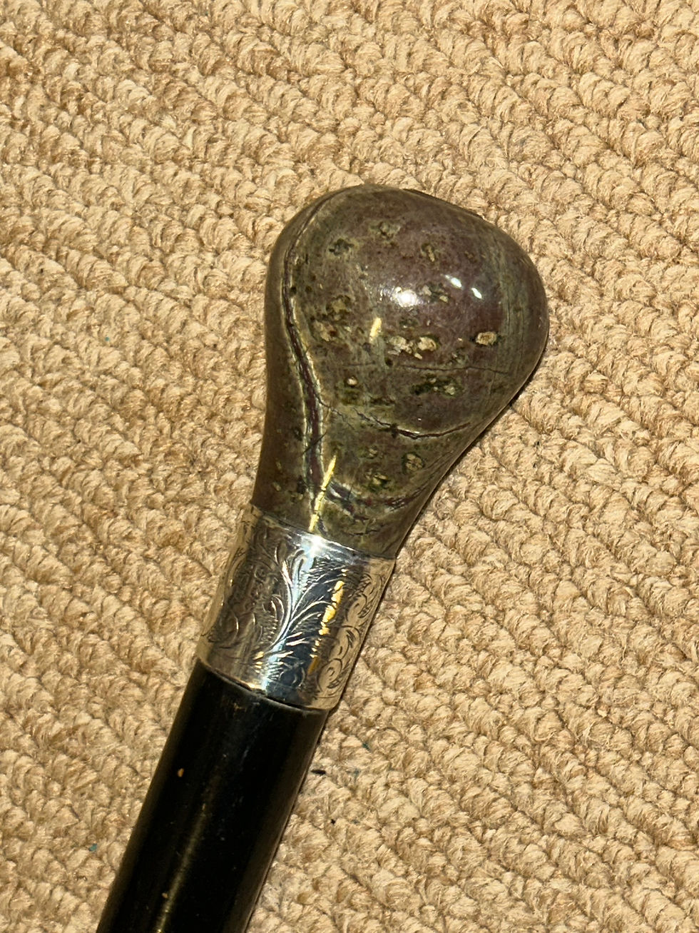 Thumbnail: Edwardian Gadget Walking Stick - Chalcedony Compass Top & Hallmarked 1904 Silver
