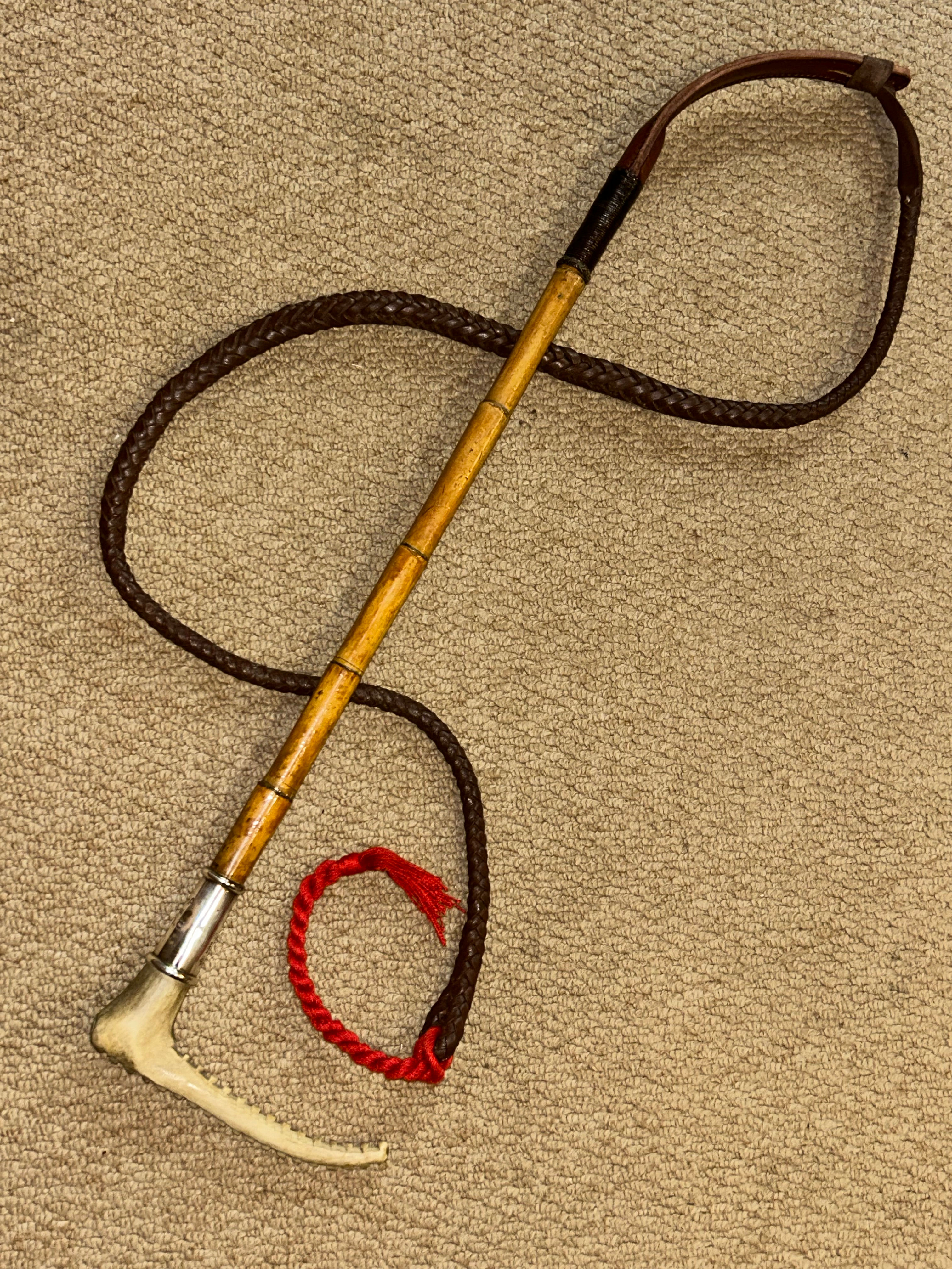 Antique Callow Gents Bamboo Hunting Whip Hallmarked 1910 Silver & Leather Lash
