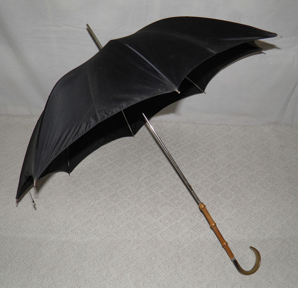 Thumbnail: Vintage Black Umbrella Whangee Bamboo & Bovine Horn Crook Handle Silver Collar