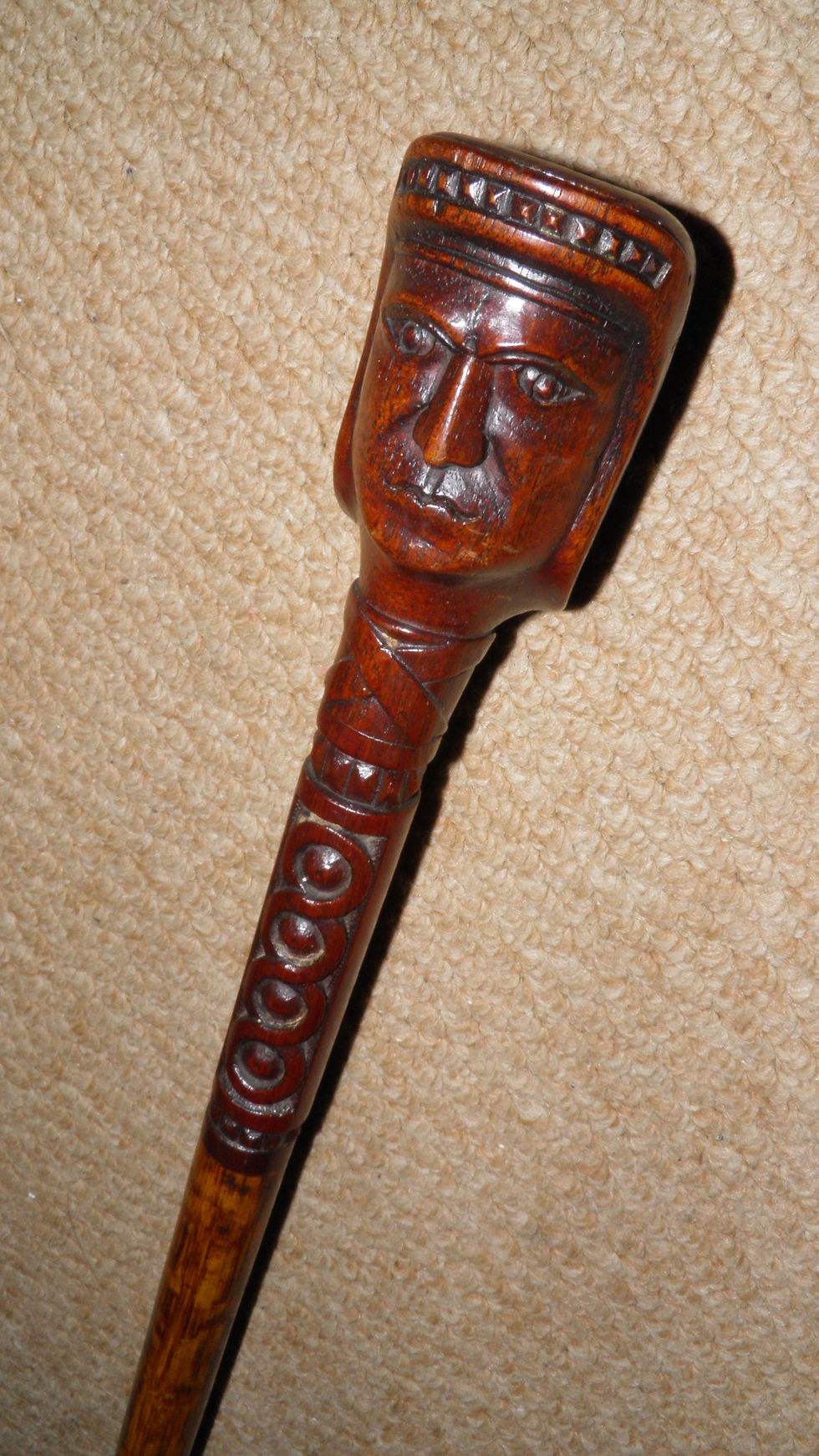 Thumbnail: Antique Arab Walking Stick - Hand-Sculpted Man Head & Patterned Top