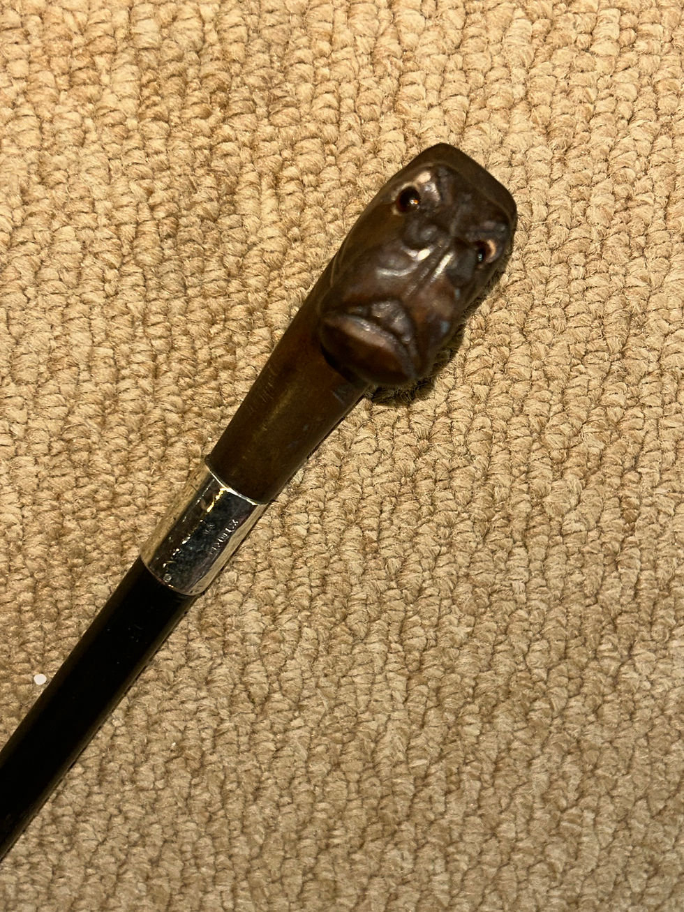 Thumbnail: Victorian Walking Stick Cane - Carved Bull Breed Dog & Hallmarked 1896 Silver