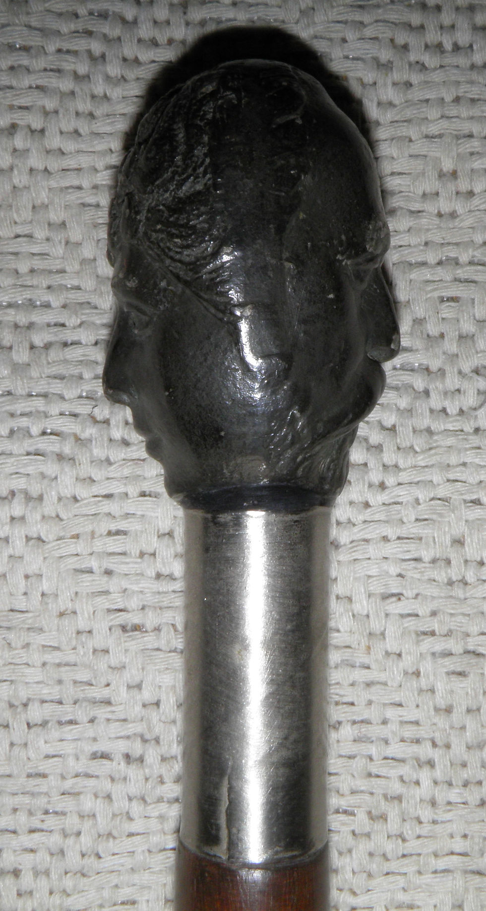 Thumbnail: Antique Walking Stick / Cane Lead Top With Man & Woman's Faces Silver Collar