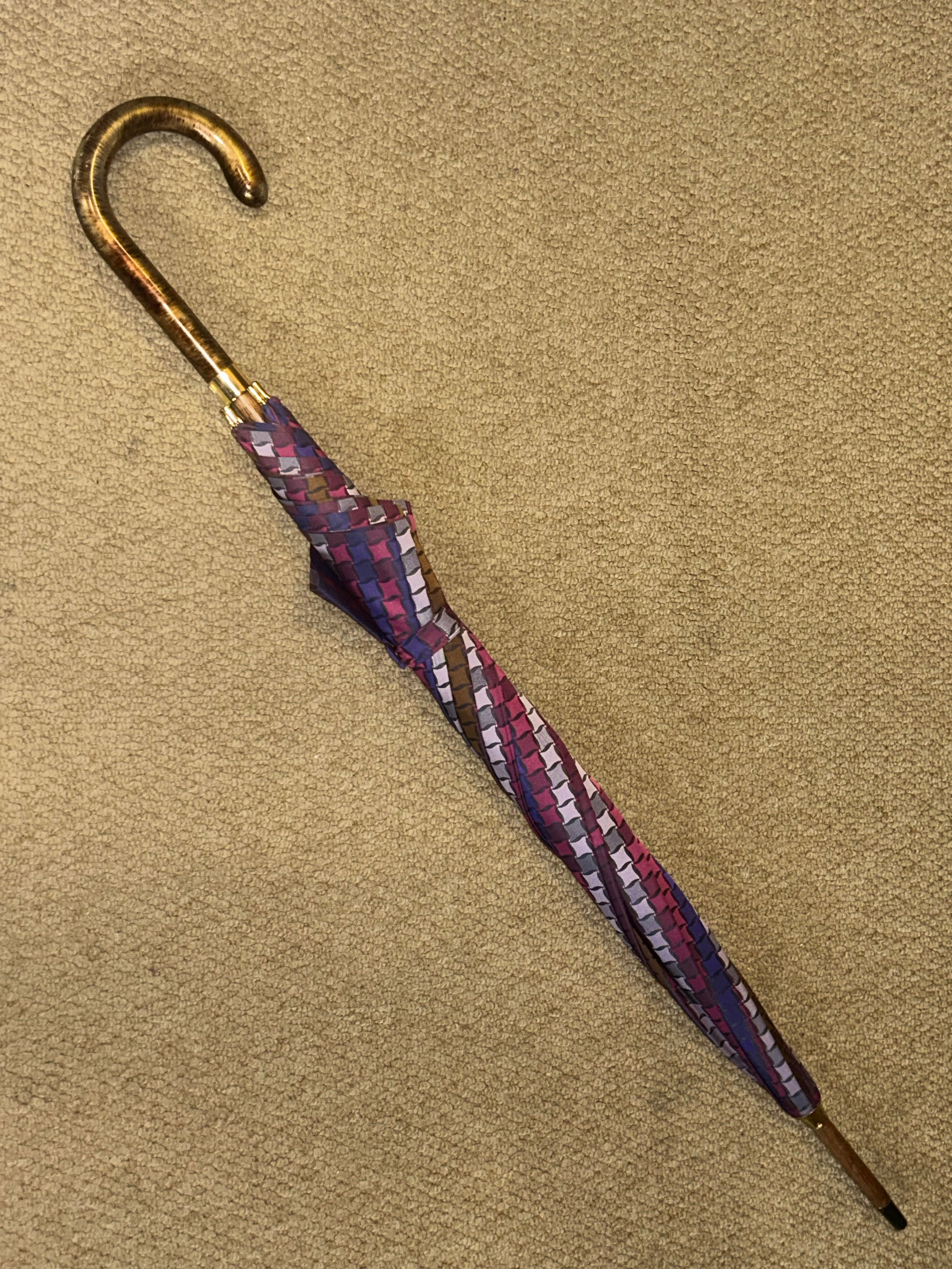 Vintage Umbrella Art Deco Pink & Purple Canopy - Crook Handle & Gilt Furnishings