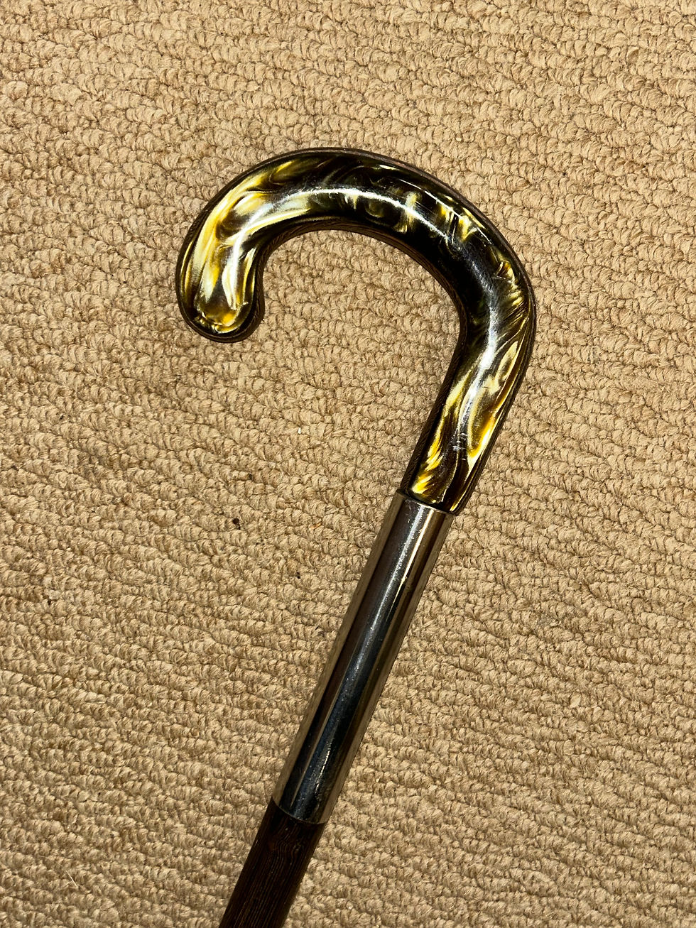 Thumbnail: Vintage Palm Wood Walking Stick Green Marble Resin Crook Handle & Silver Collar