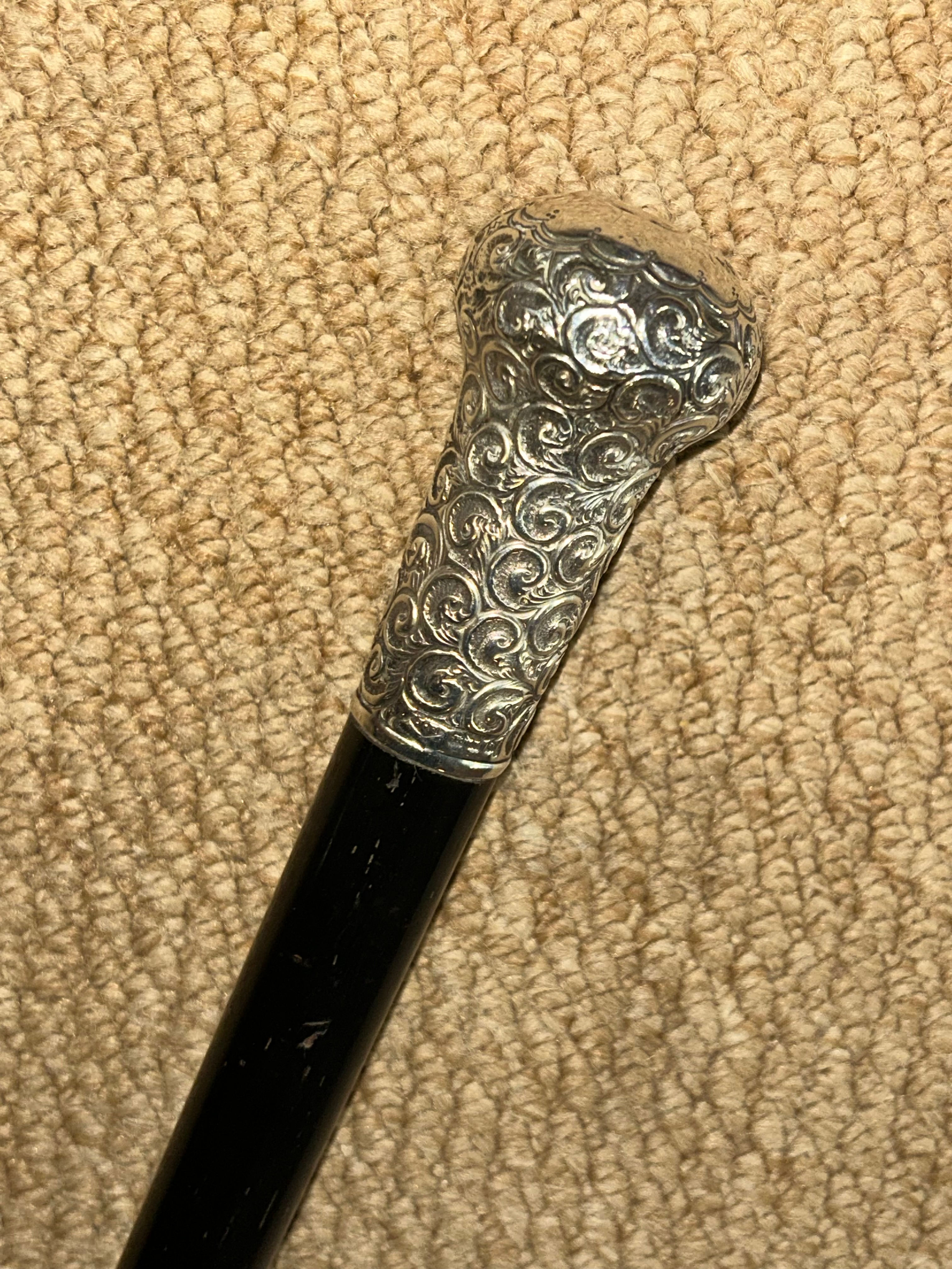 Antique Walking Stick Cane - Hallmarked 1919 Repousse Silver Top By H. Howell