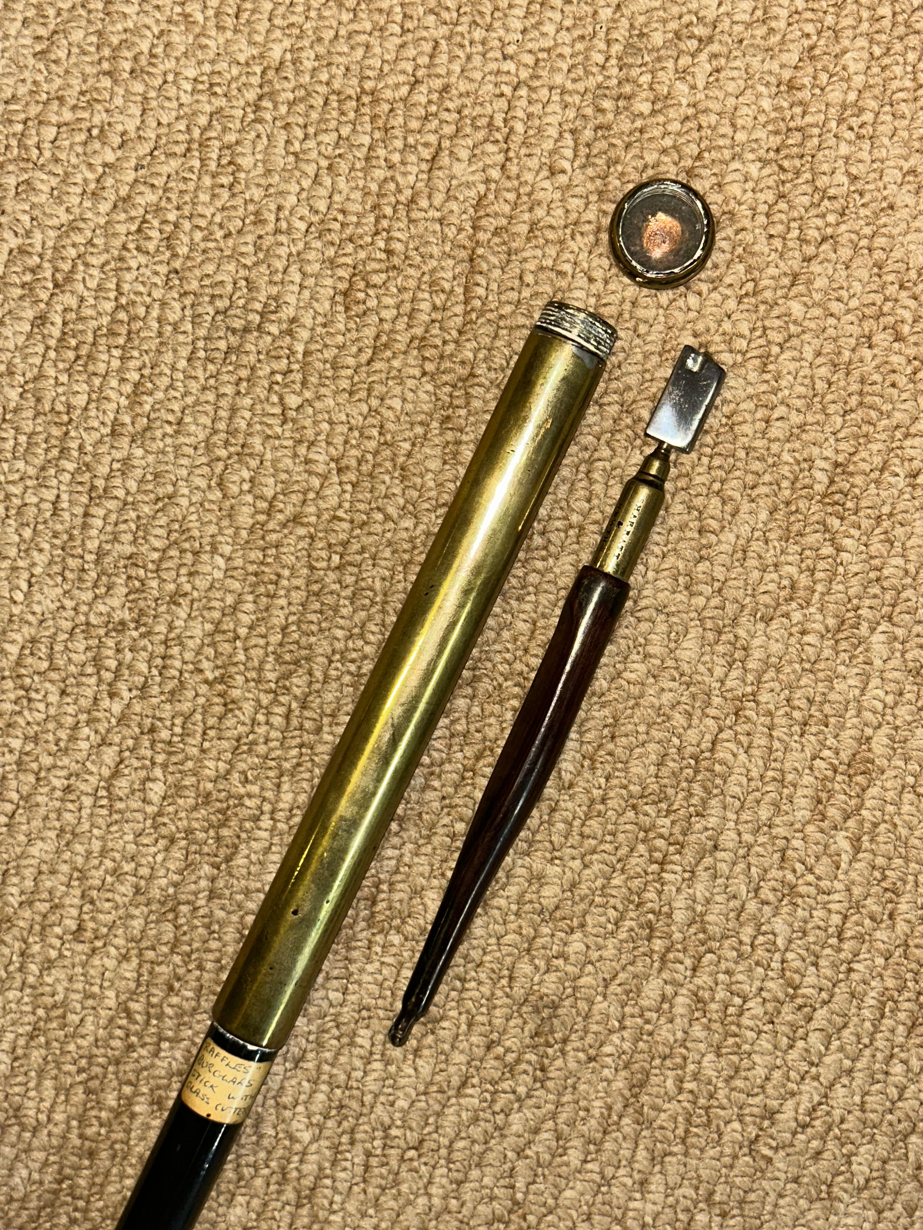 Antique Burglars Gadget Walking Stick - Concealed Glass Cutter & Brass Top