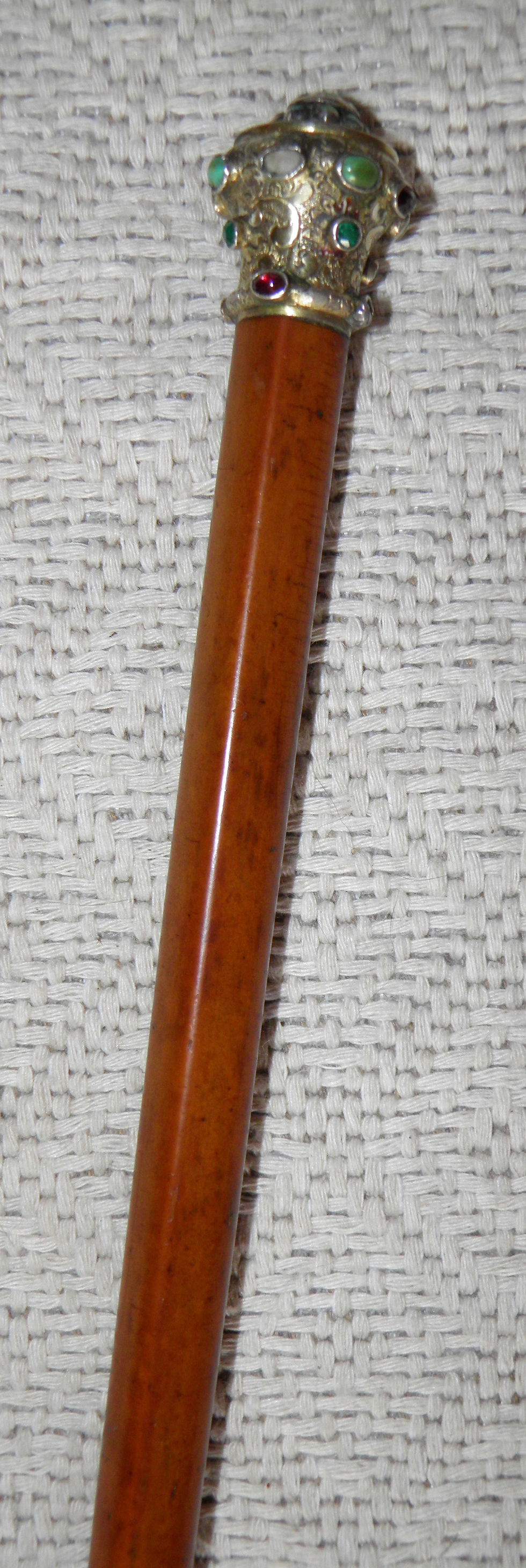 Thumbnail: Antique Persian Walking Stick Cane Gold Plated Engraved Top W/ Mounted Gemstones