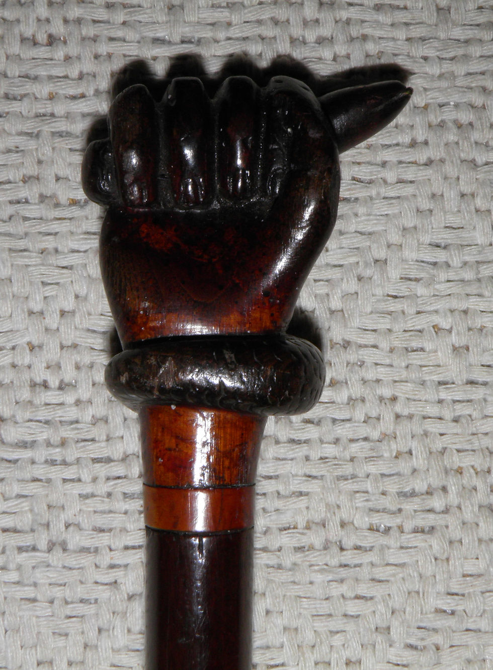 Thumbnail: Antique Walking Stick / Cane Hand Holding Snake Handle With 2 Tone Ebony Shaft