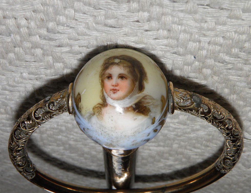 Thumbnail: Antique Walking Stick Cane French Painted Porcelain Ball Ring Handle Gold Collar