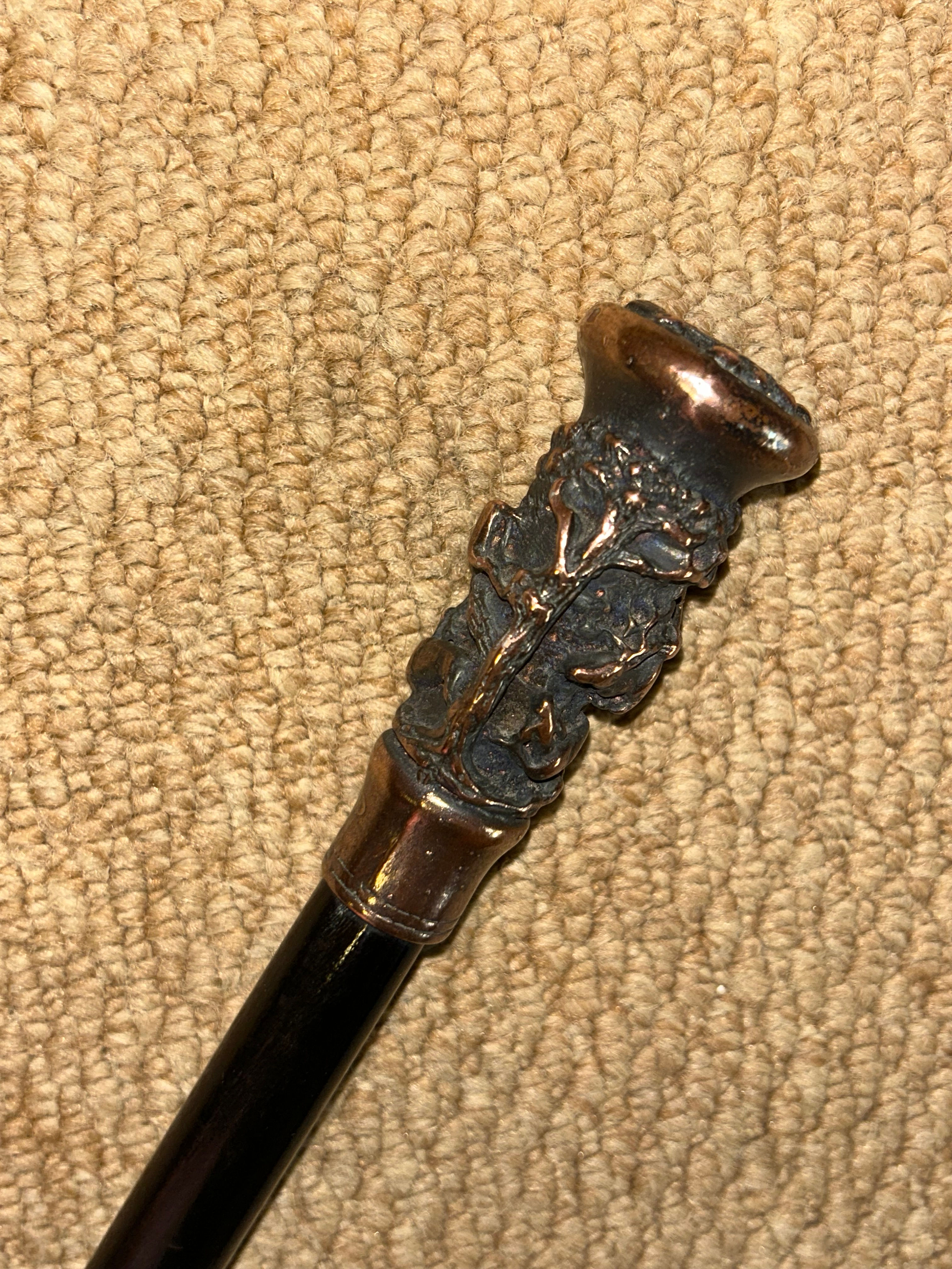 Antique Ebonised Walking Stick Cane - Intricate Copper Hunting Scene Pommel Top
