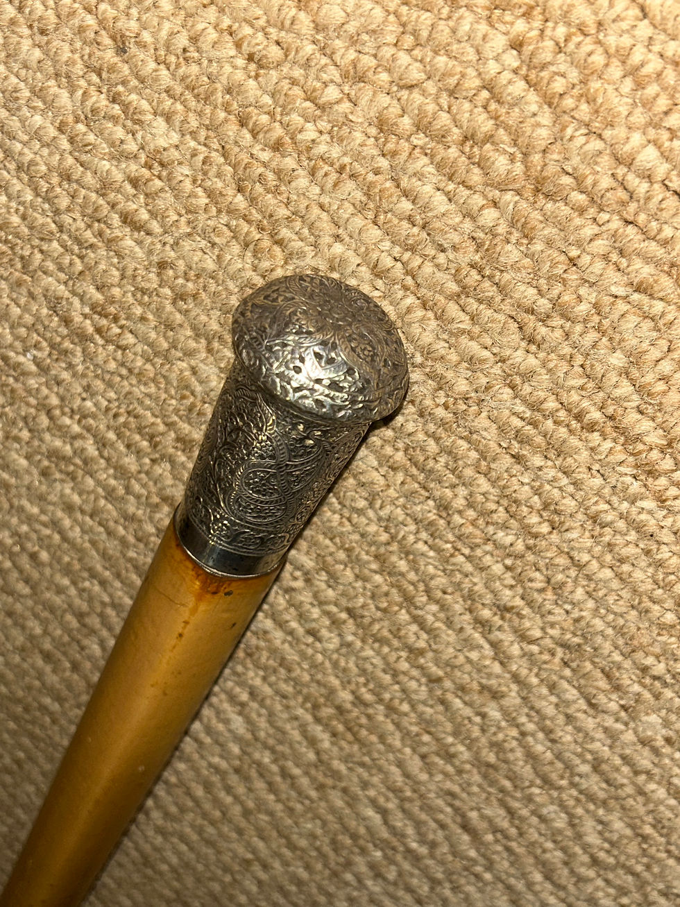 Thumbnail: Antique Malacca Walking Stick Cane - Intricate Repousse Patterned Silver Top