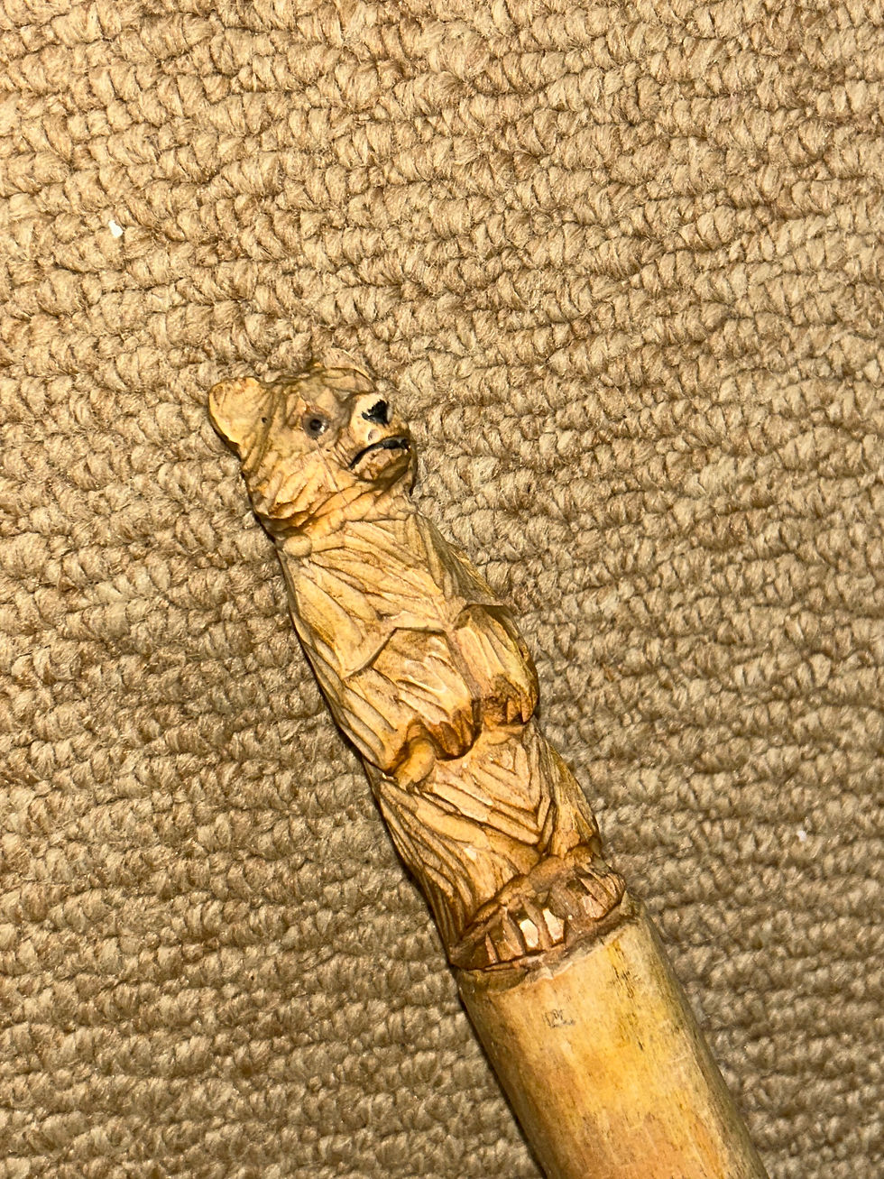 Thumbnail: Antique Rustic Hazel Pyrenees Walking Hiking Stick Cane - Hand-Carved Bear Top