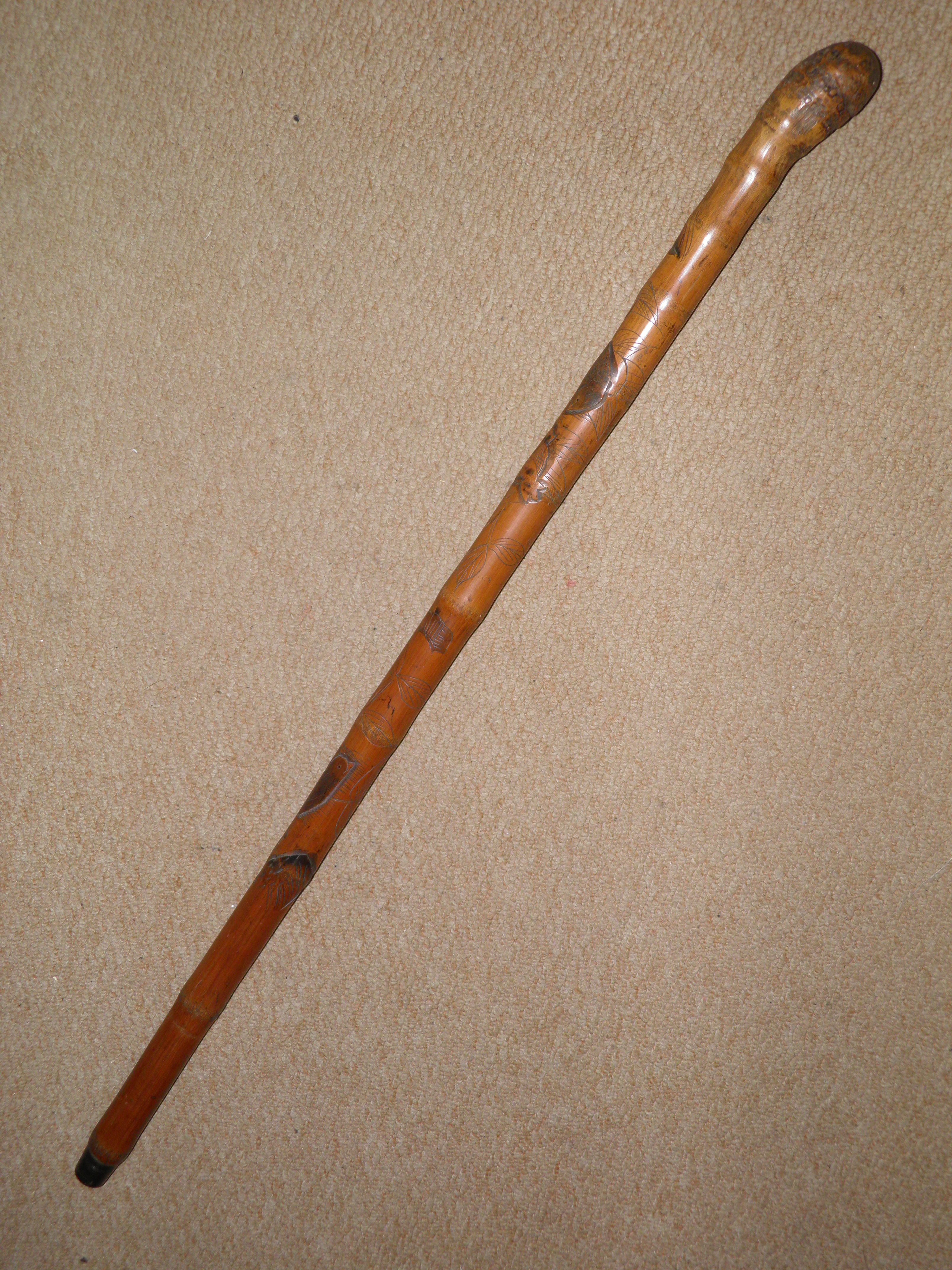 Antique Gadget Concealed Japanese Fishing Rod Walking Stick - Hand Carved Shaft