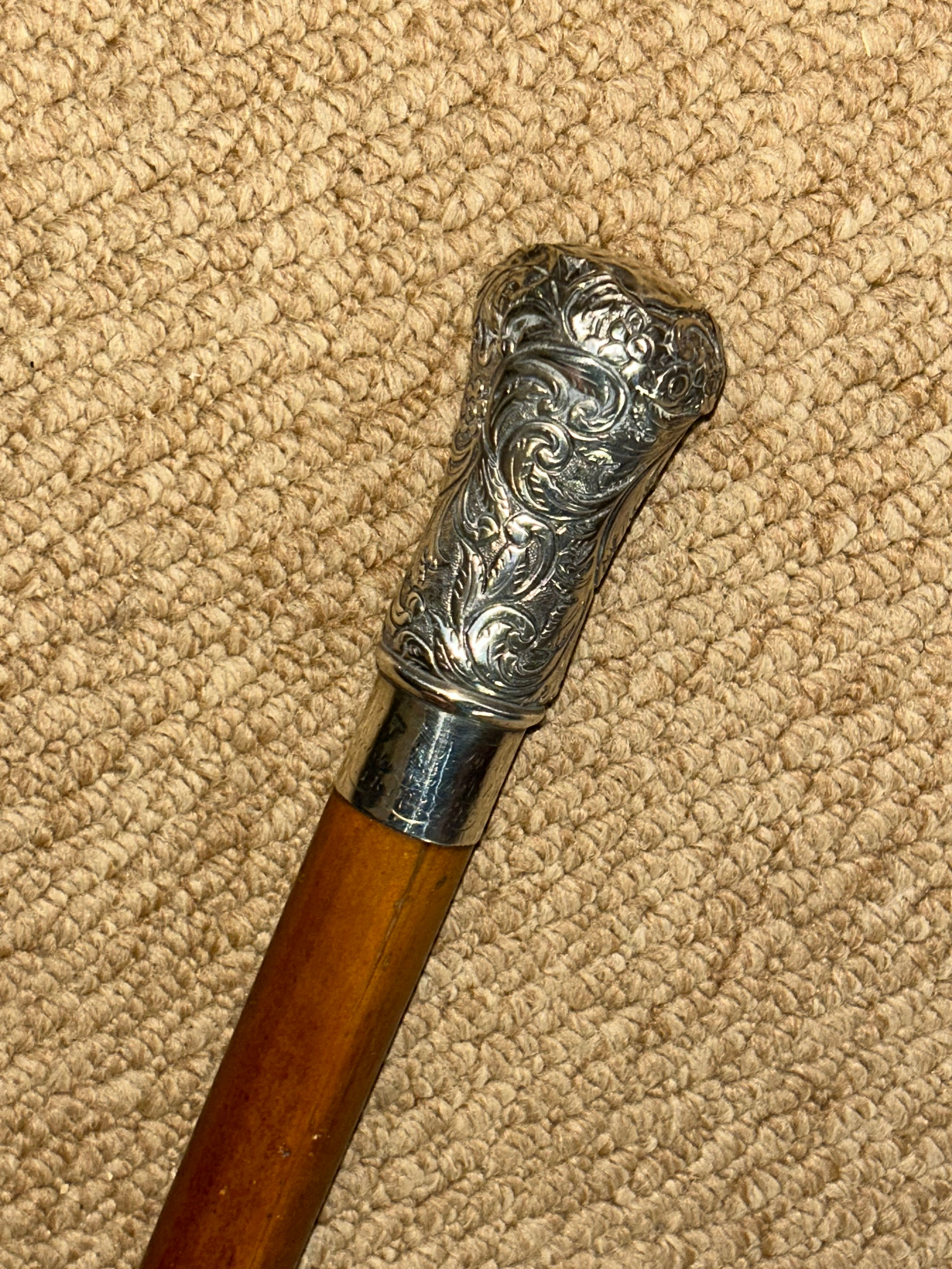 Antique Malacca Walking Stick Cane - Repousse Detailed Silver Pommel Top
