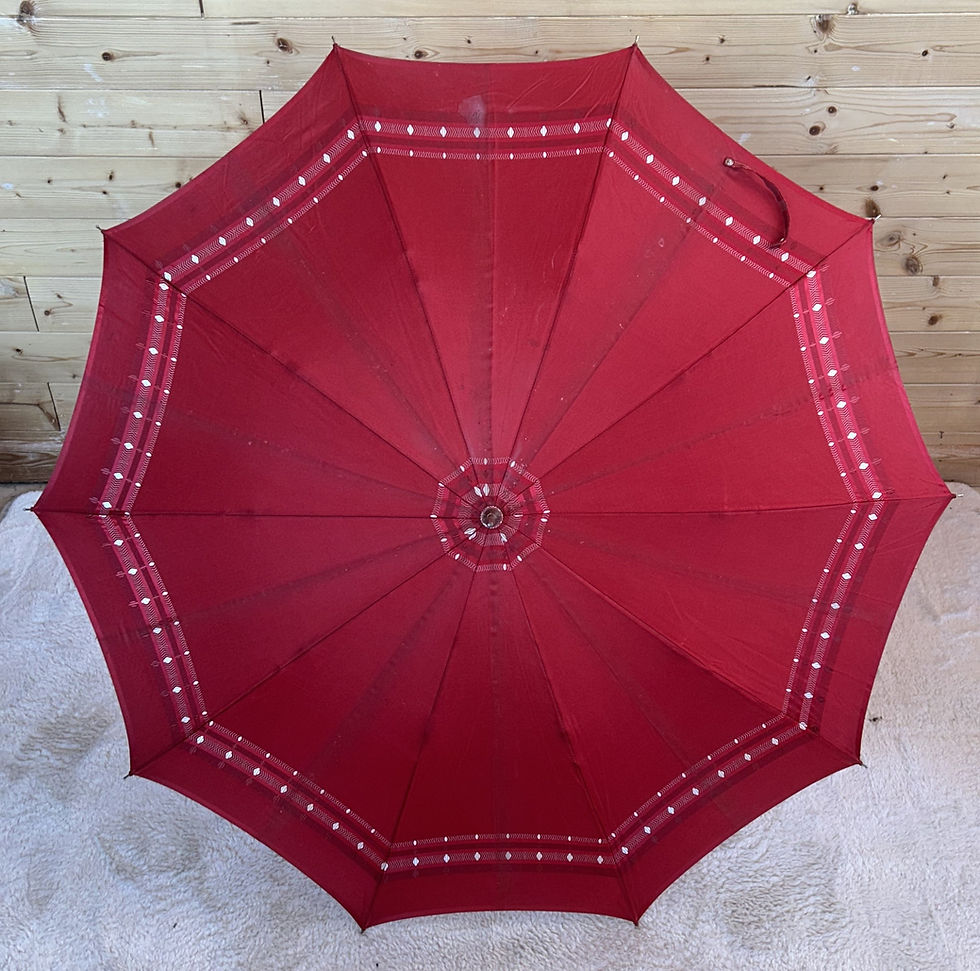 Thumbnail: Vintage Red Umbrella With Cream Band & Cream & Red Resin Handle R & Co Germany