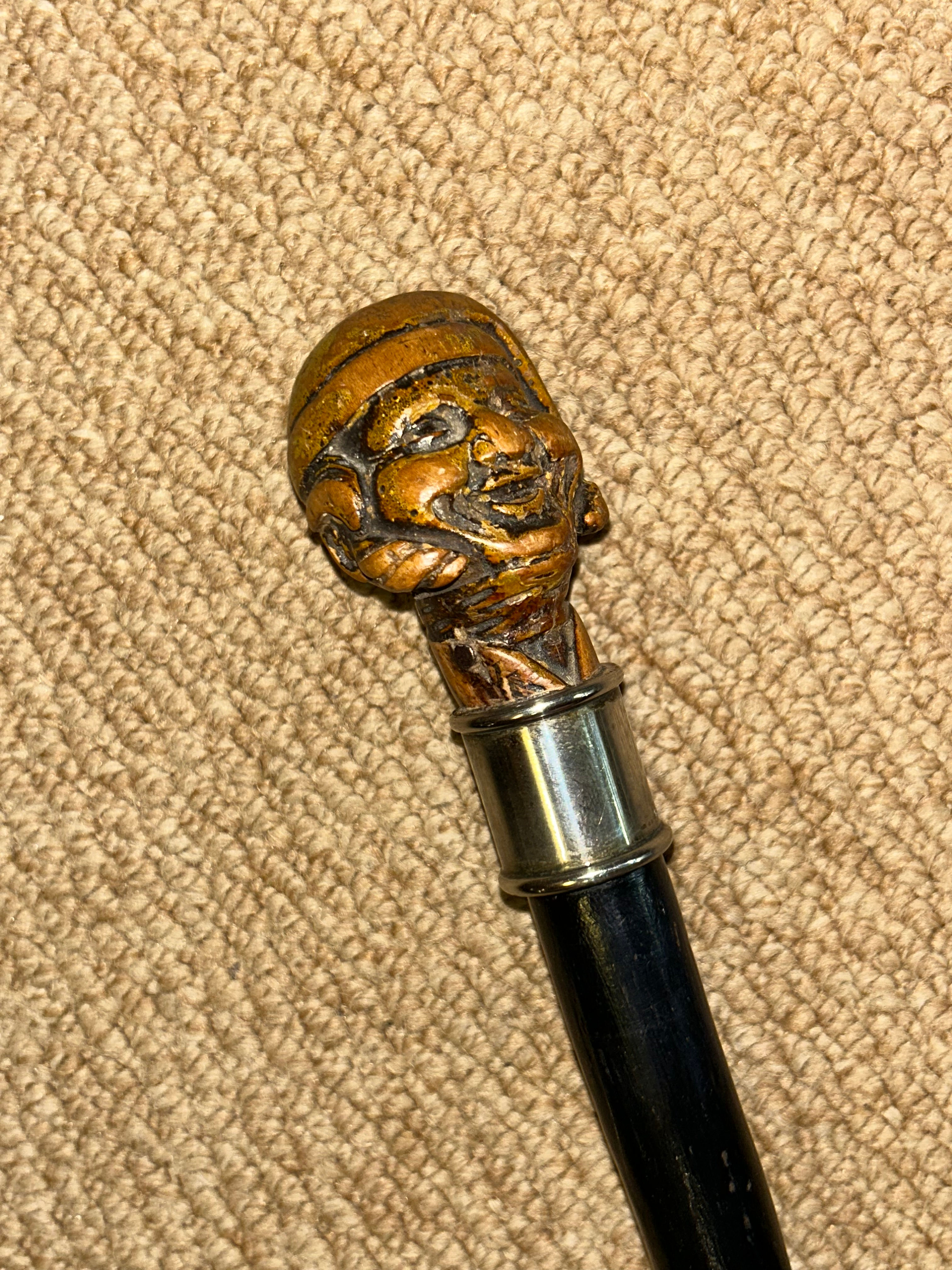Antique Holly Walking Stick Cane - Hand-Carved Nightcap Man Head & Silver Collar
