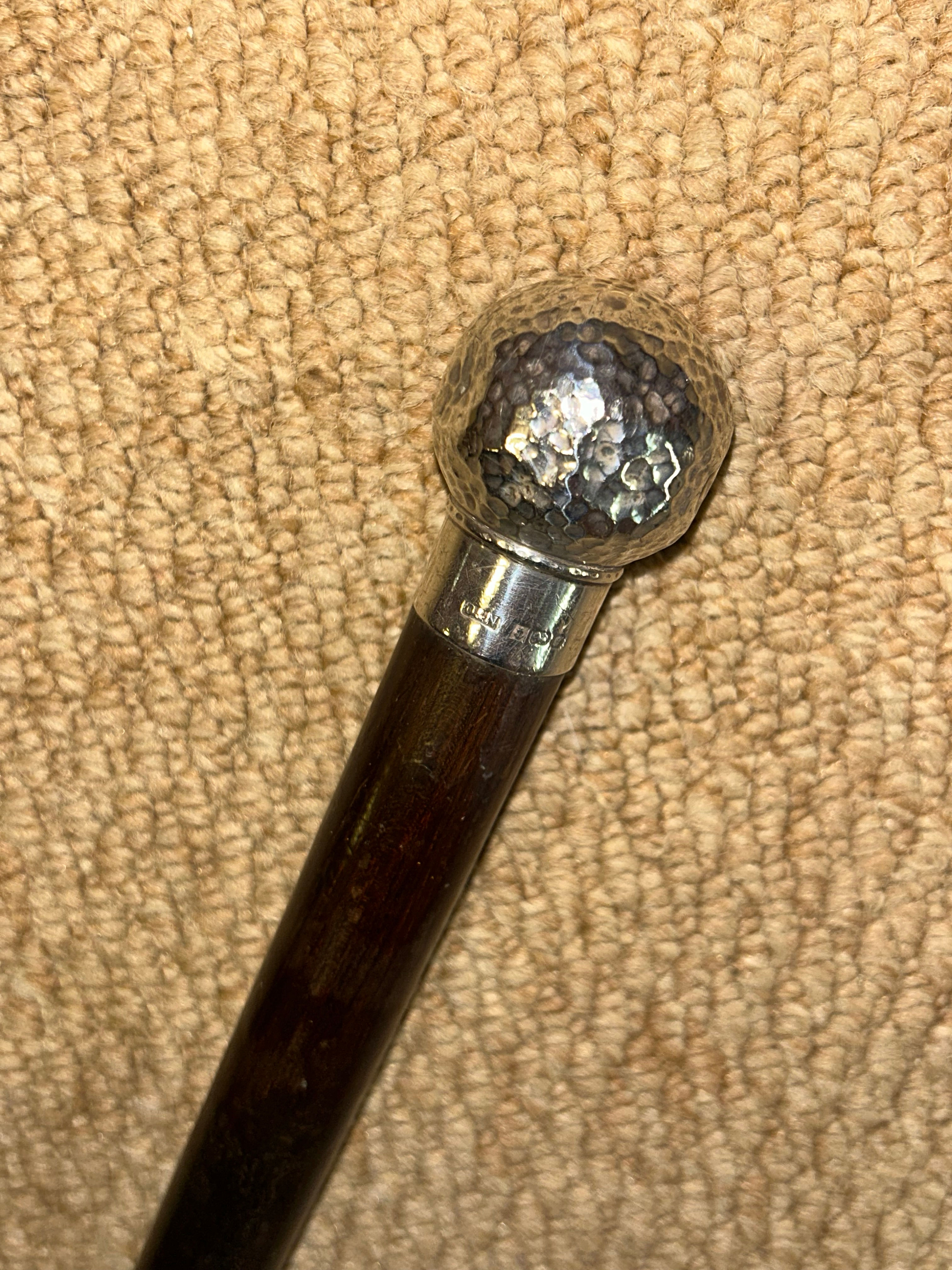 Vintage Walking Stick Cane - Hallmarked 1983 Silver Dimpled Pommel Top By D&N