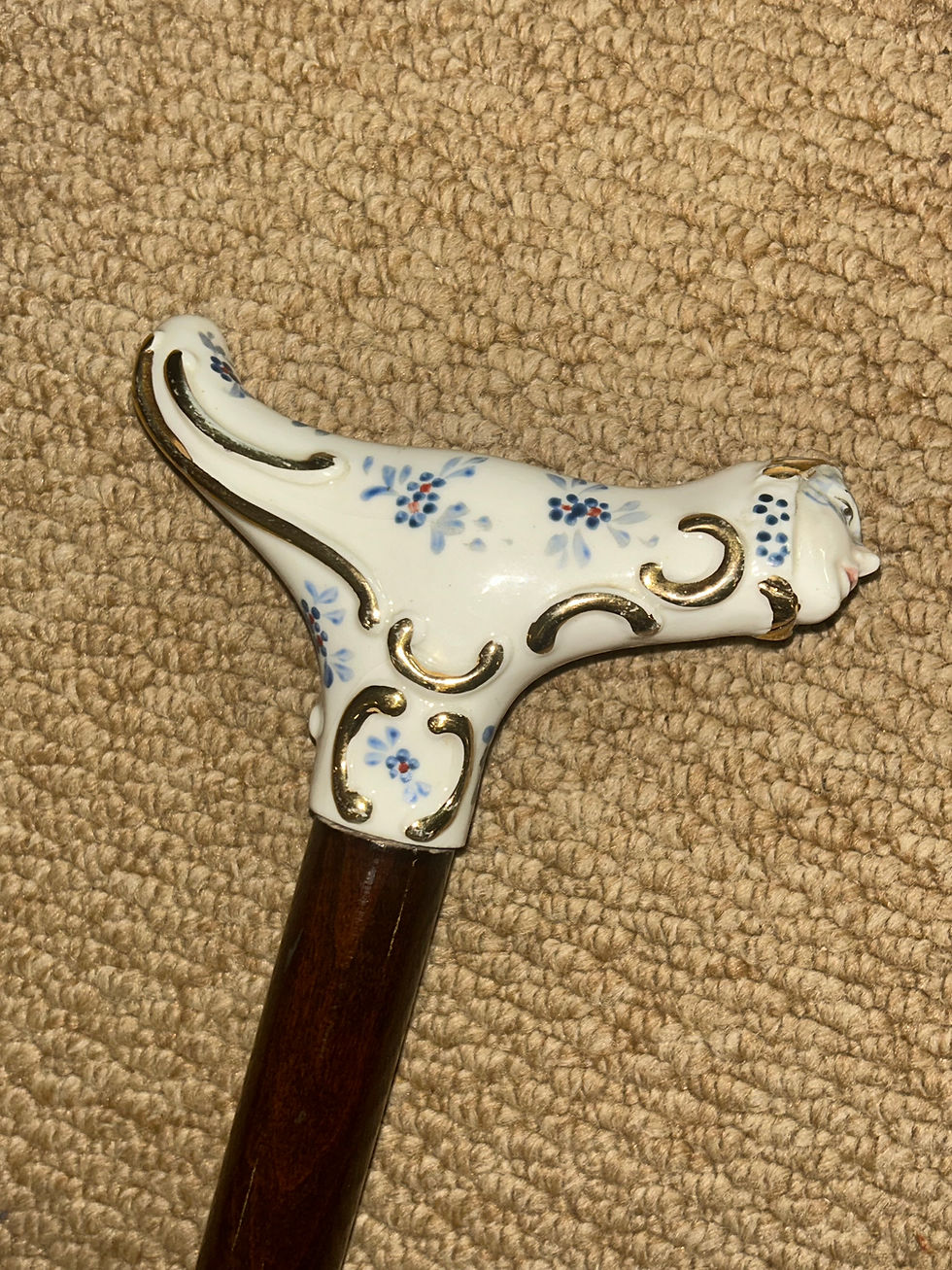 Thumbnail: Vintage Walking Stick - Blue Floral Painted Porcelain Handle - Ladies Head