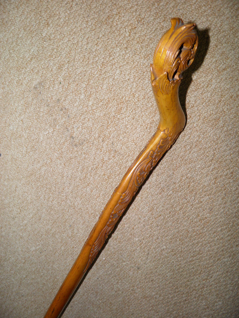 Thumbnail: Antique Batavian Unusual Walking Stick - Intricate Hand-Carved Floral Handle
