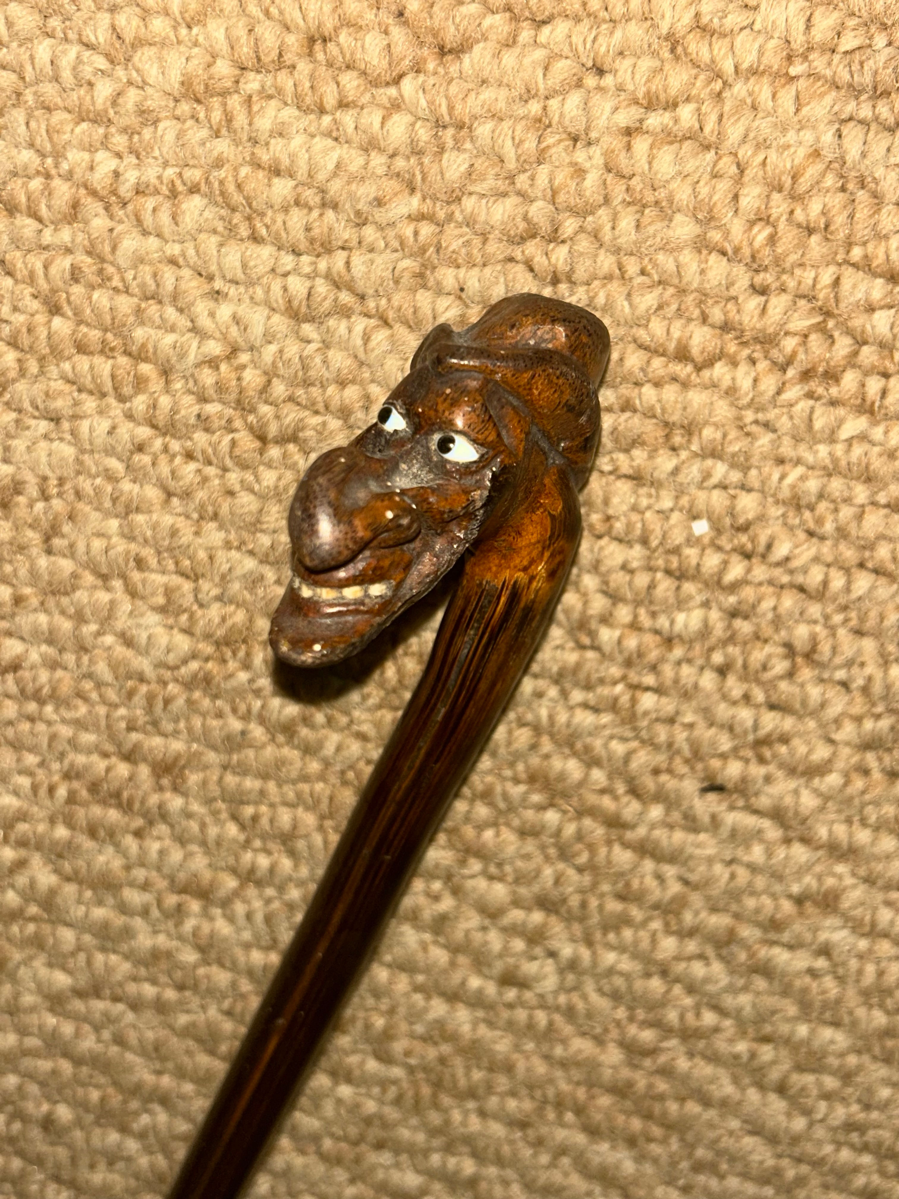 Antique Rustic Petite Walking Stick Cane - Grotesque Hand-Carved Man's Head