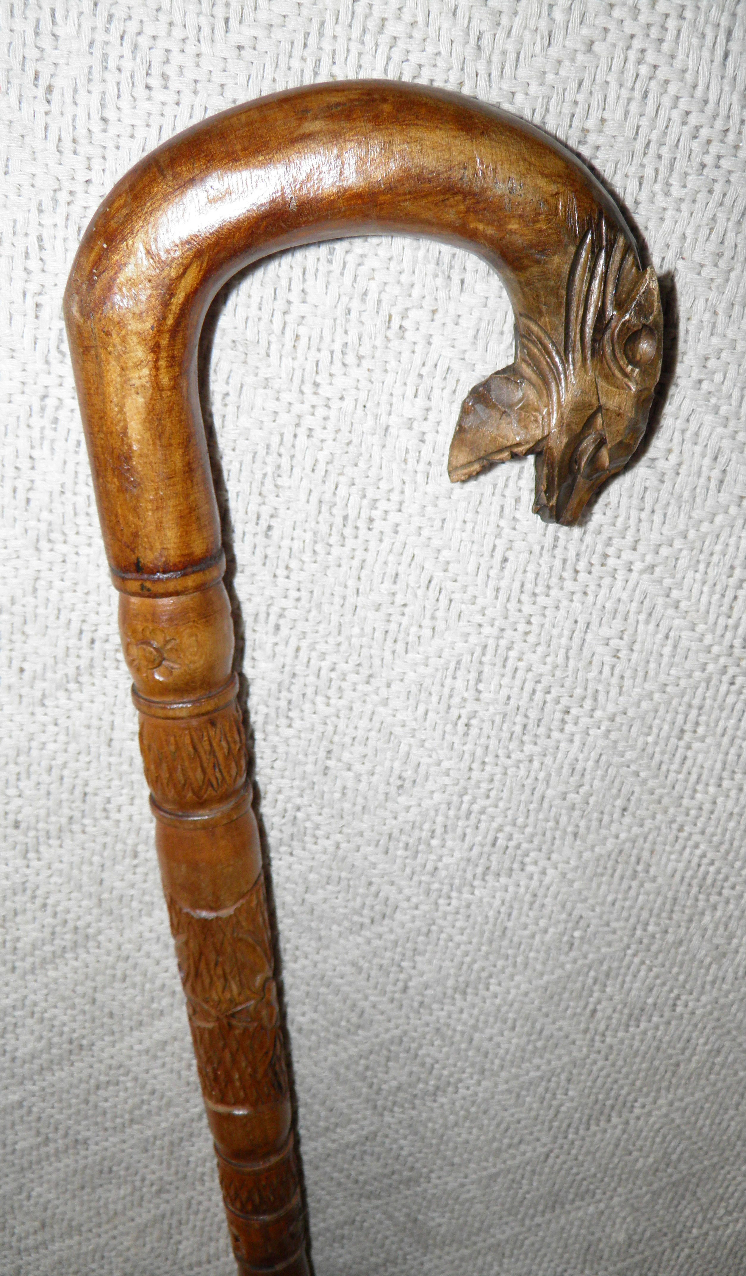 Antique Fruit Wood Walking Stick / Cane - Hand Carved Shaft & Dragon Head Crook