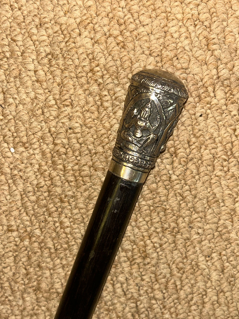 Thumbnail: Antique Walking Stick Cane - Repousse Silver Top Indian Hindu Goddesses