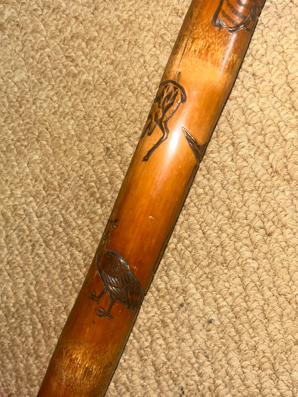 Thumbnail: Antique Oriental Chinese Bamboo Walking Stick Laughing Buddha Top & Carved Shaft