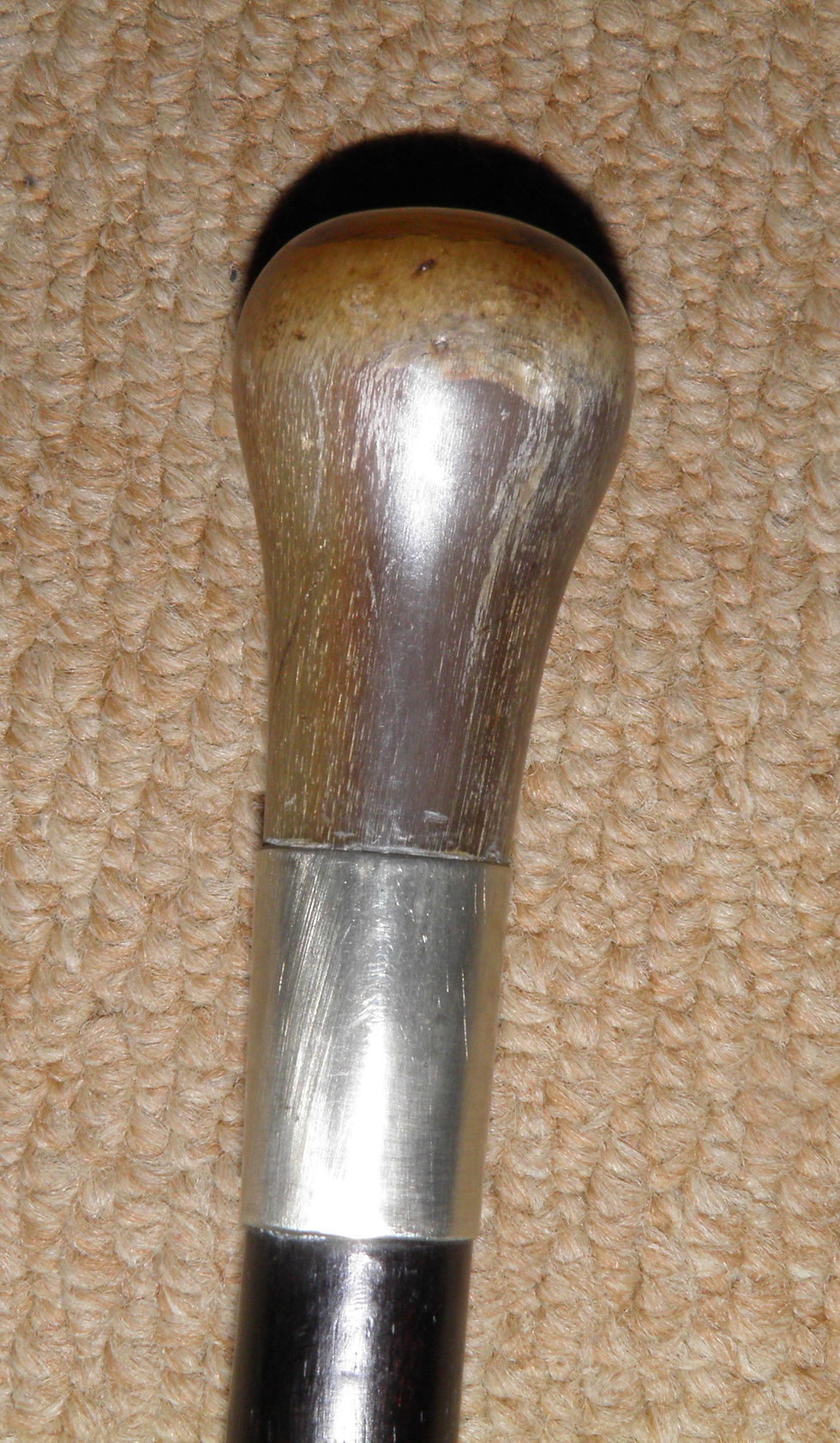 Thumbnail: Antique Walking Stick / Cane - Bovine Horn End Nickel Silver Collar Ebony Shaft