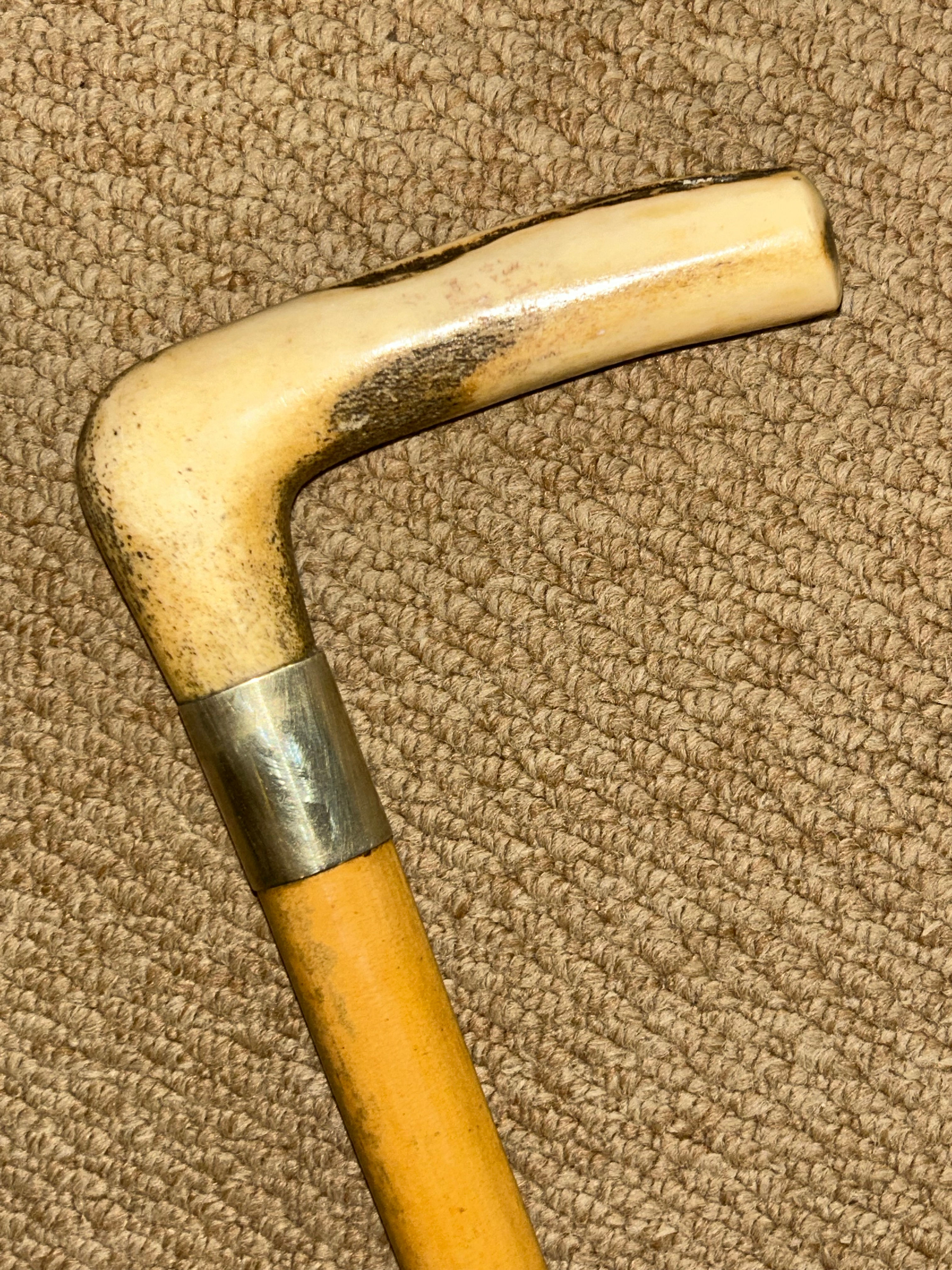 Antique Malacca Walking Stick Cane - Antler Fritz Handle & Nickel Silver Collar