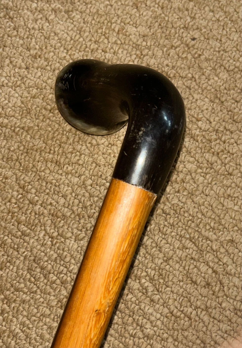 Thumbnail: Antique Ebony Walking Stick - Bovine Horn Fritz Handle & Inset Wood End