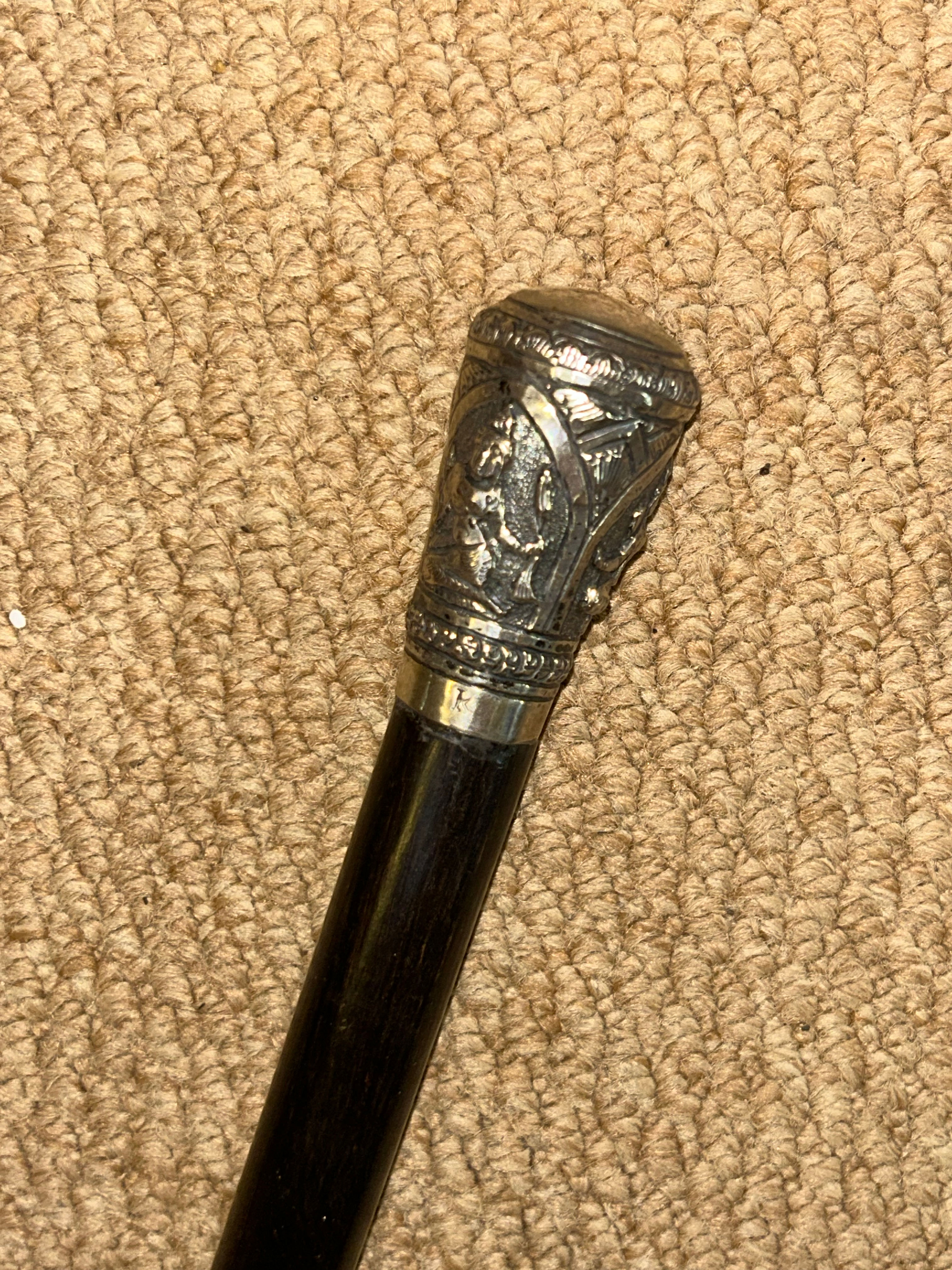 Antique Walking Stick Cane - Repousse Silver Top Indian Hindu Goddesses