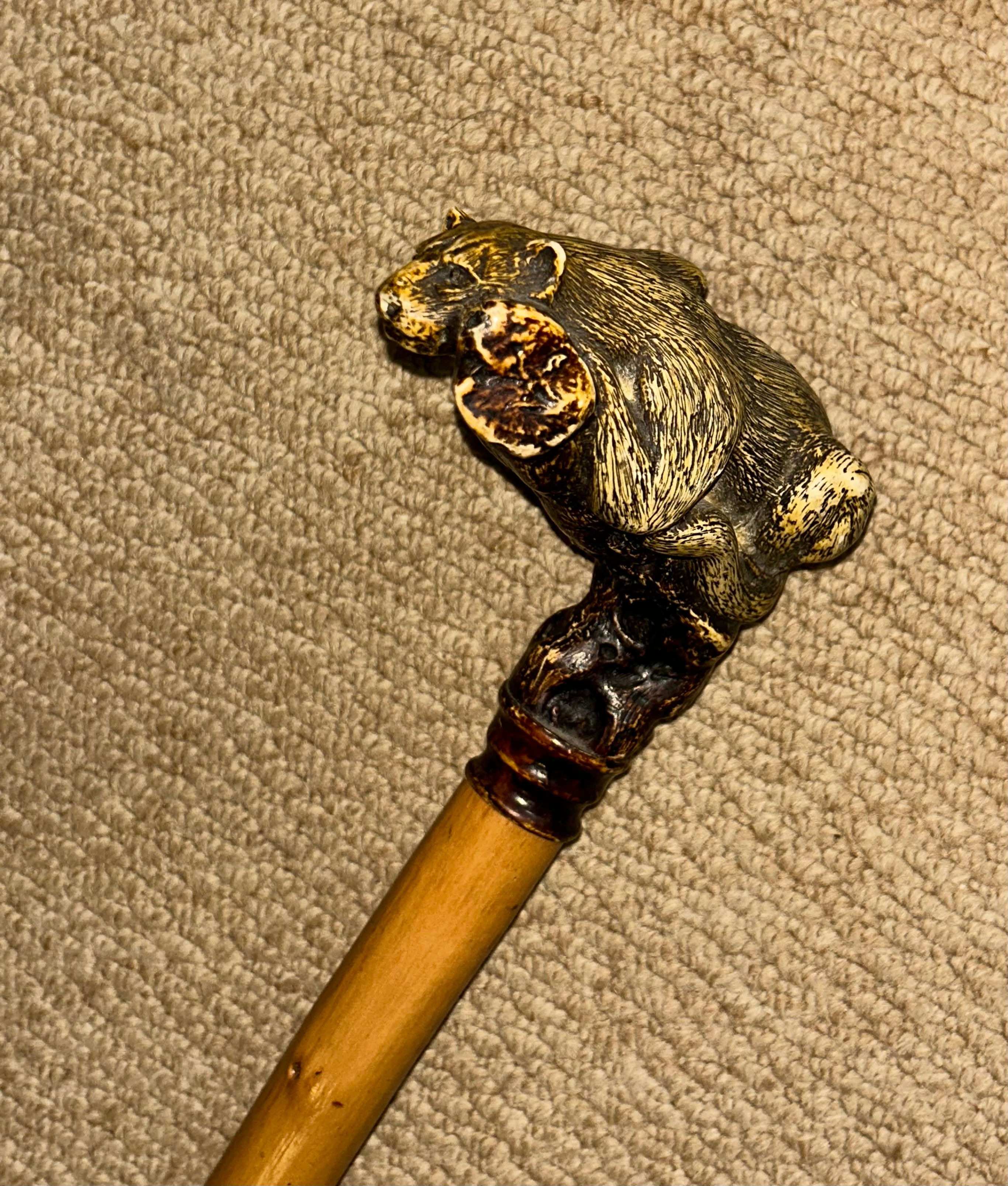 Vintage Rustic Walking Stick Cane - Resin Resting Jaguar In Tree Handle