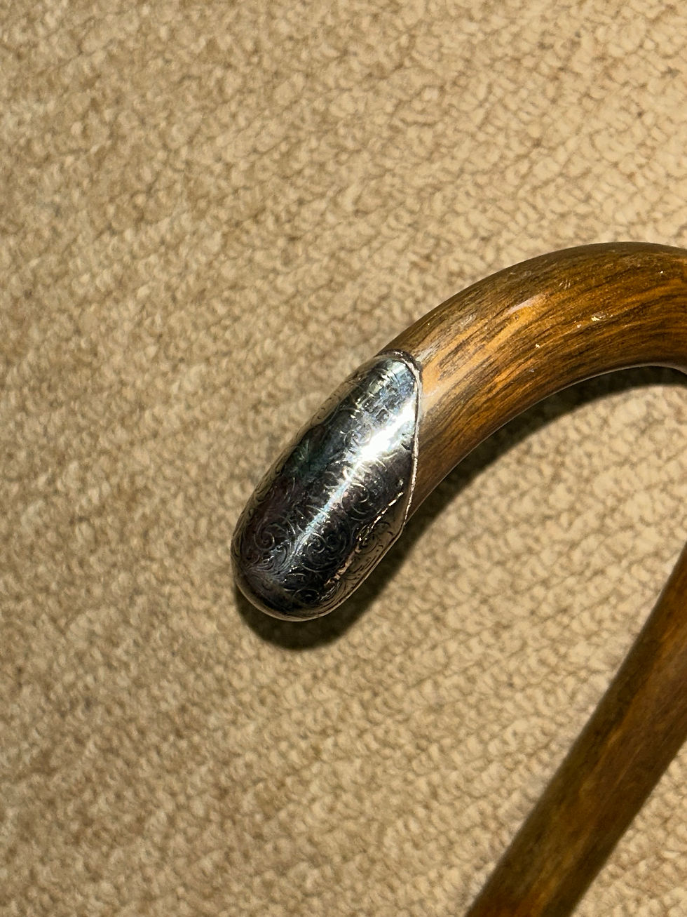 Thumbnail: Edwardian Crook Walking Stick / Cane - Hallmarked 1906 Silver Collar & End