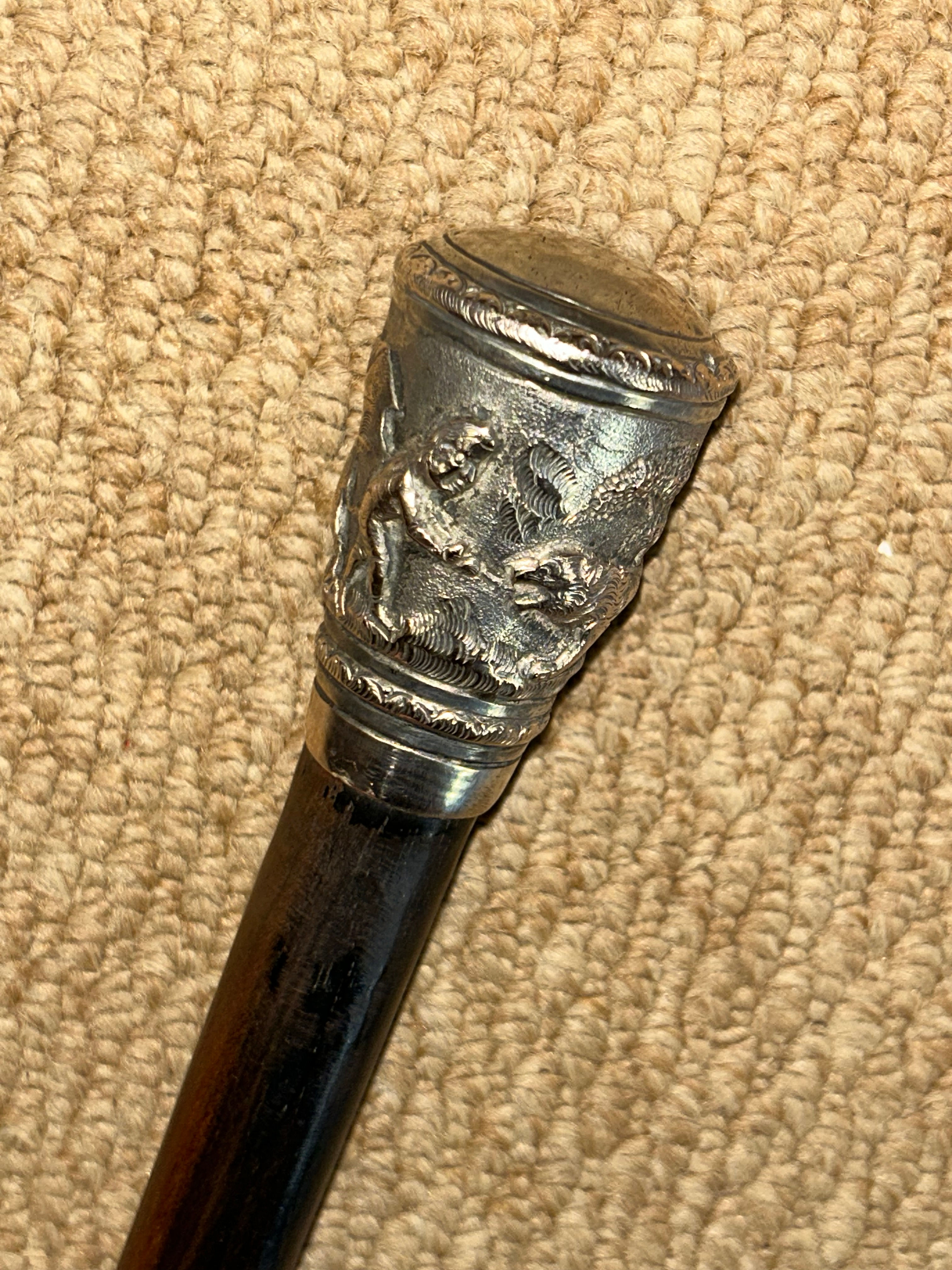 Antique Ebony Walking Stick Cane - Intricate Patterned Burmese Silver Top