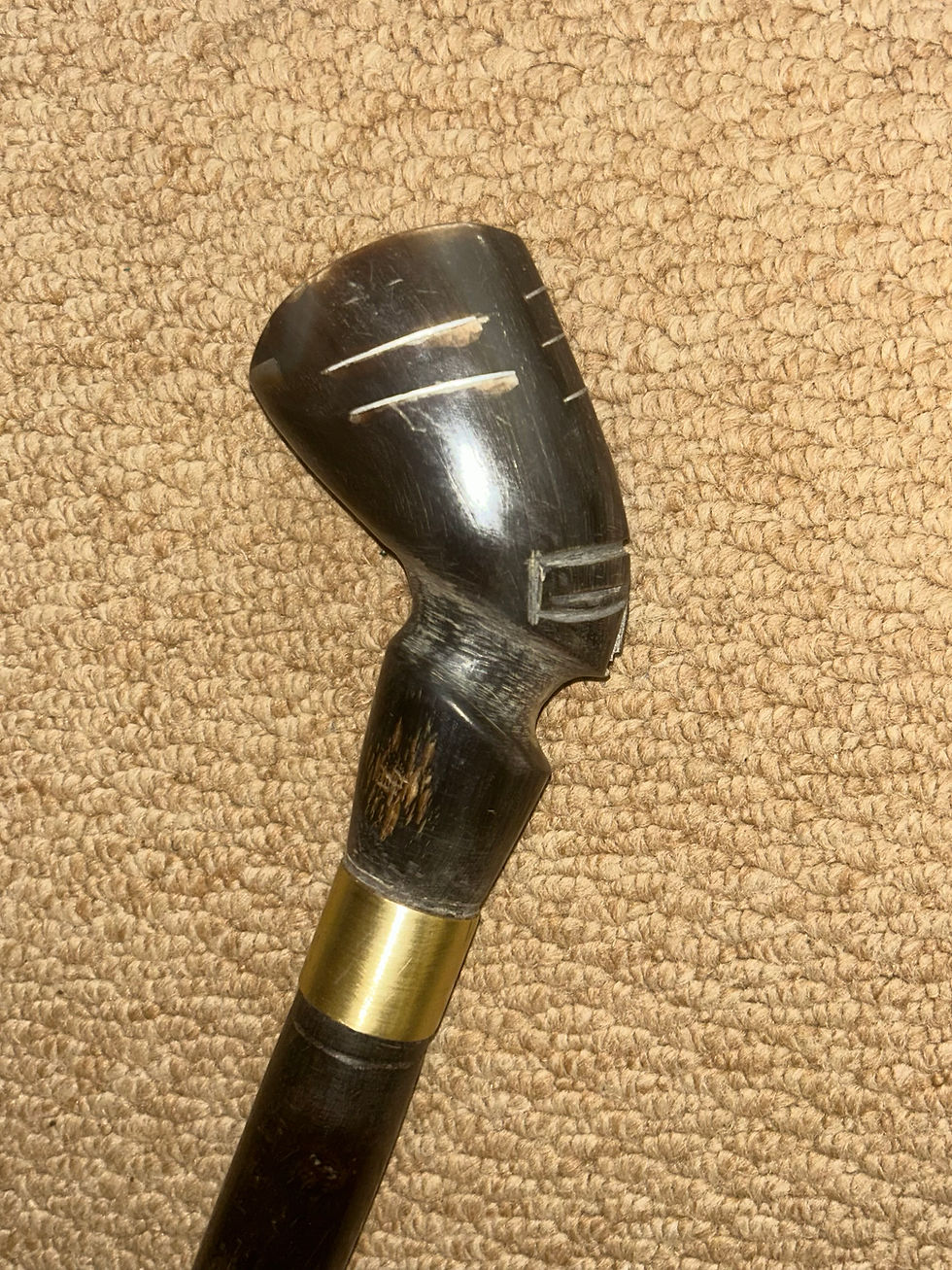 Thumbnail: Antique African Walking Stick Hand Carved Bovine Horn Ladies Head & Brass Collar