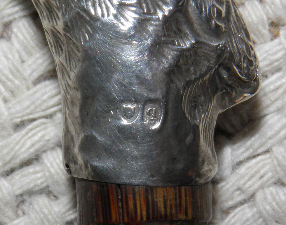 Thumbnail: Edwardian Black Umbrella Crook Hallmarked Silver 1911 Bird Head Crown Glass Eyes