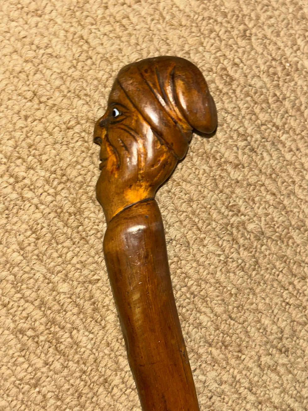 Thumbnail: Antique Rustic Walking Stick Cane - Hand-Carved Man's Head Top & Glass Eyes