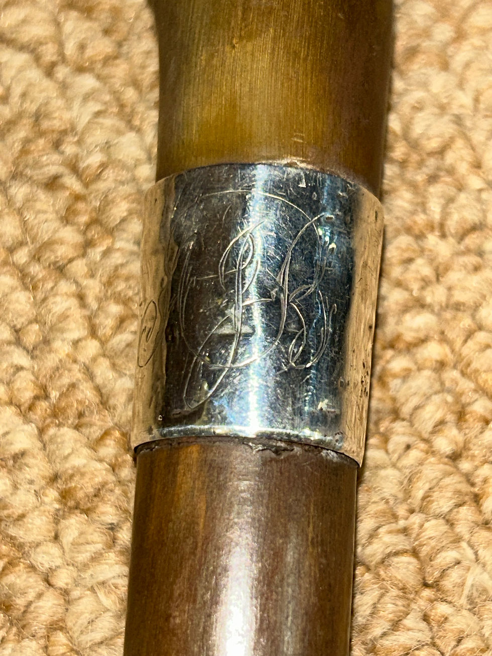 Thumbnail: Antique Walking Stick Cane - Bovine Horn Crook & Hallmarked 1922 Silver Collar