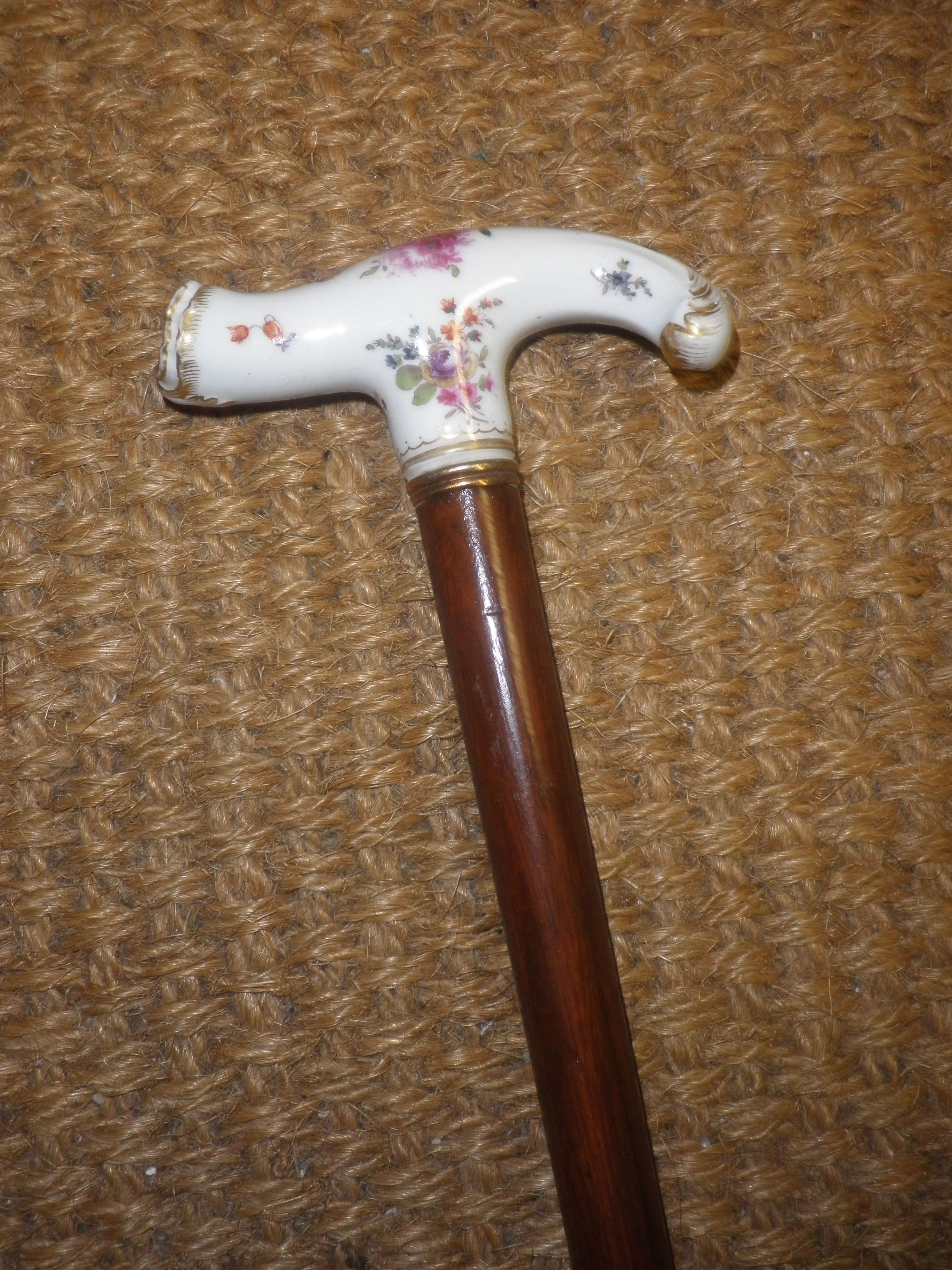 Antique Beautiful French China Floral Top Ladies Dress Cane - 94cm