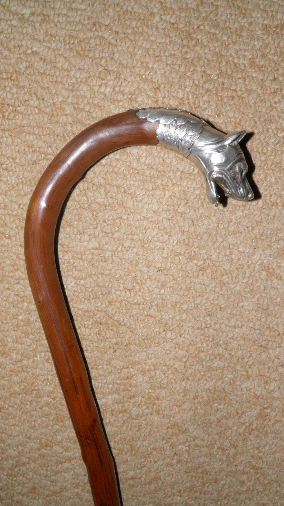 Thumbnail: Antique Rustic Walking Stick - Crook Handle & Silver Snarling Dog Head & Leaves