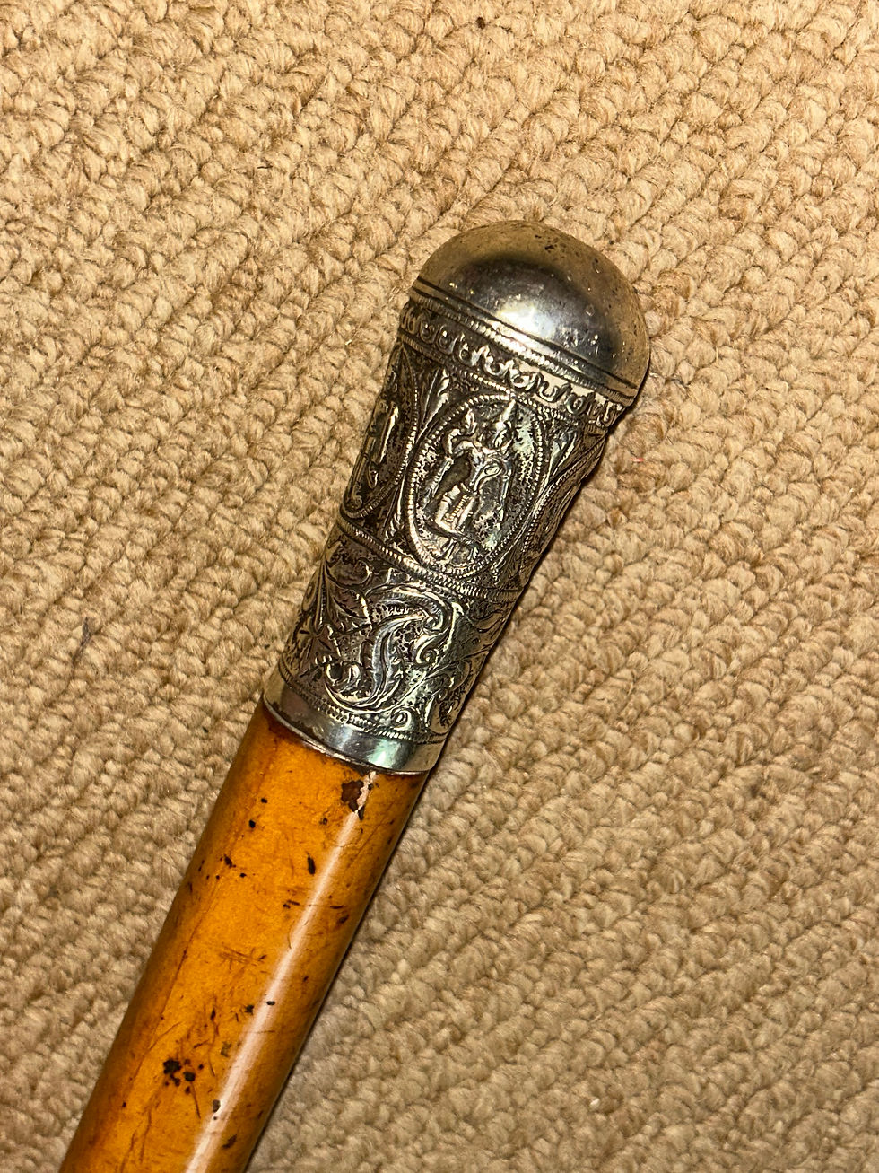 Thumbnail: Antique Malacca Walking Stick Cane - Intricate Patterned Burmese Silver Top