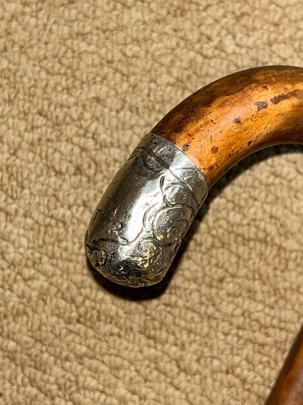 Thumbnail: Antique Malacca Walking Stick Cane - Crook Handle & Repousse Silver Furnishings