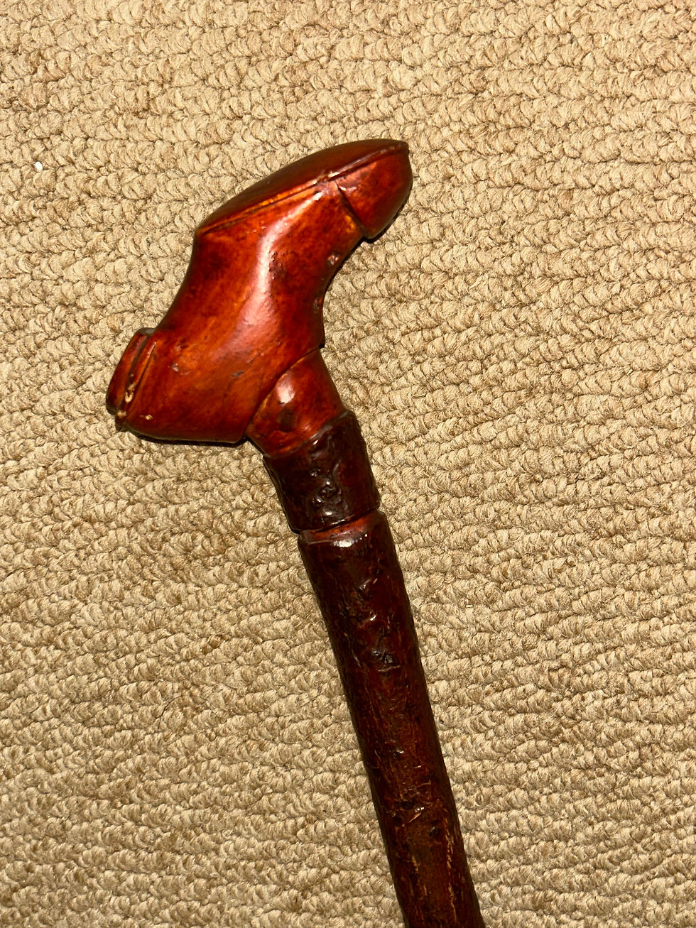 Thumbnail: Vintage Rustic Bark Walking Stick Cane - Hand-Carved Boot Handle