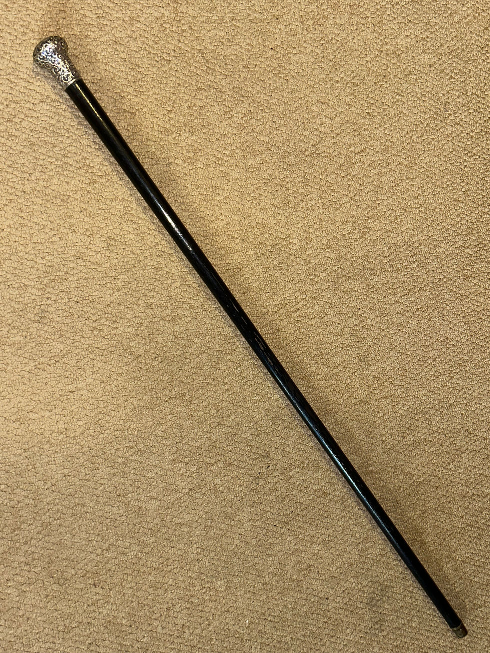 Thumbnail: Antique Ebonised Walking Stick Cane - Hallmarked 1919 Silver Repousse Pommel Top