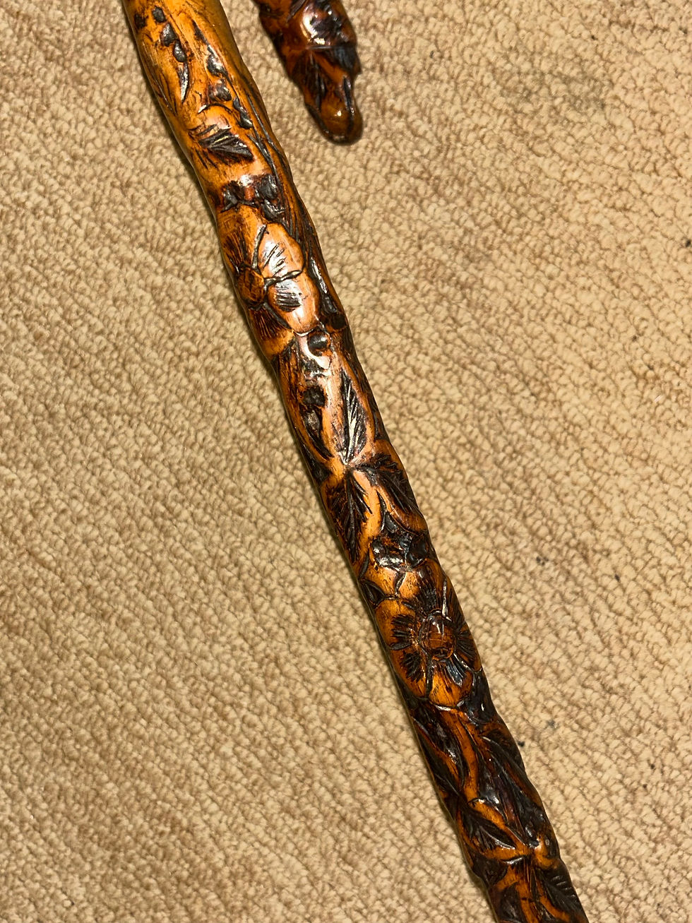 Thumbnail: Antique Rustic Walking Stick Cane - Hand-Carved Dog Head Crook & Floral Shaft